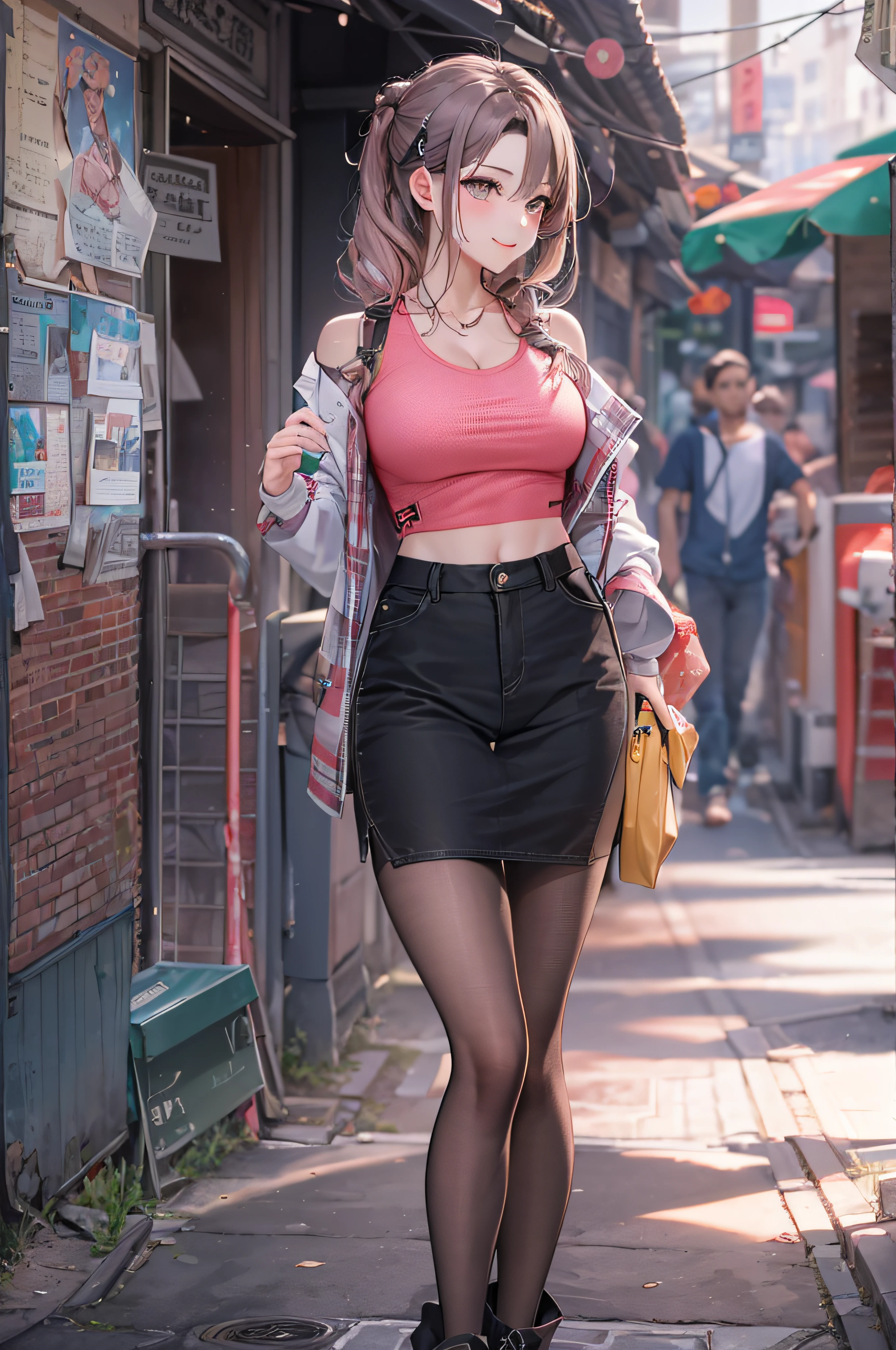utta from anime one piece, long hair, red hair on left, white hair on right, wears head phone, bangs, wears mascara, perfect body, perfect , beautiful woman, very beautiful, lovely smile, beautiful smile, smiling, wears a white shirt, wears a red cardigan, pants red, wearing a handbag, wearing a watch, wearing earrings, being in a mall, Realism, masterpiece, textured leather, super detailed, high detailed, high quality, best quality, 1080P, HD, 16k