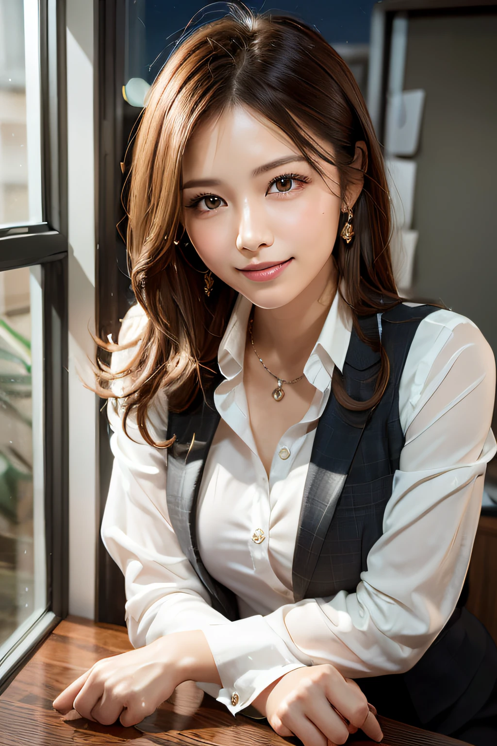 (masterpiece:1.3), high resolution, ultra detailed, extremely detailed CG unity 8k wallpaper, realistic, photo-realistic, RAW photo, beautiful detailed face, pale skin, realistic glistening skin, detailed cloth texture, detailed hair texture, Perfect body, Beautiful Face, accurate, Anatomically correct, Highly detailed face and skin texture, natural neck length, (beautiful hands), (fair skin:1.2), Thin legs, Thin feet,
BREAK,
Detailed eyes, symmetric eyes, Light Brown eyes, Double eyelids, Thin eyebrows, (Glossy lips:1.4), ((gently smile:1.3)), (blush:1.1),
BREAK,
(A Classy and Cute girl:1.3), (wearing a Business pants suits:1.2), (formal vest:1.3),
medium large breasts, (slender figure:1.1), firm abs,
(Dark blonde hair, wavy hair, long hair:1.2), ((asymmetrical bangs:1.2)),
BREAK,
((leaning against the desk with hugging pose:1.3)),
((in the stylish office at night:1.4)), (Cowboy shot:1.2), looking at viewer, from front:0.65,