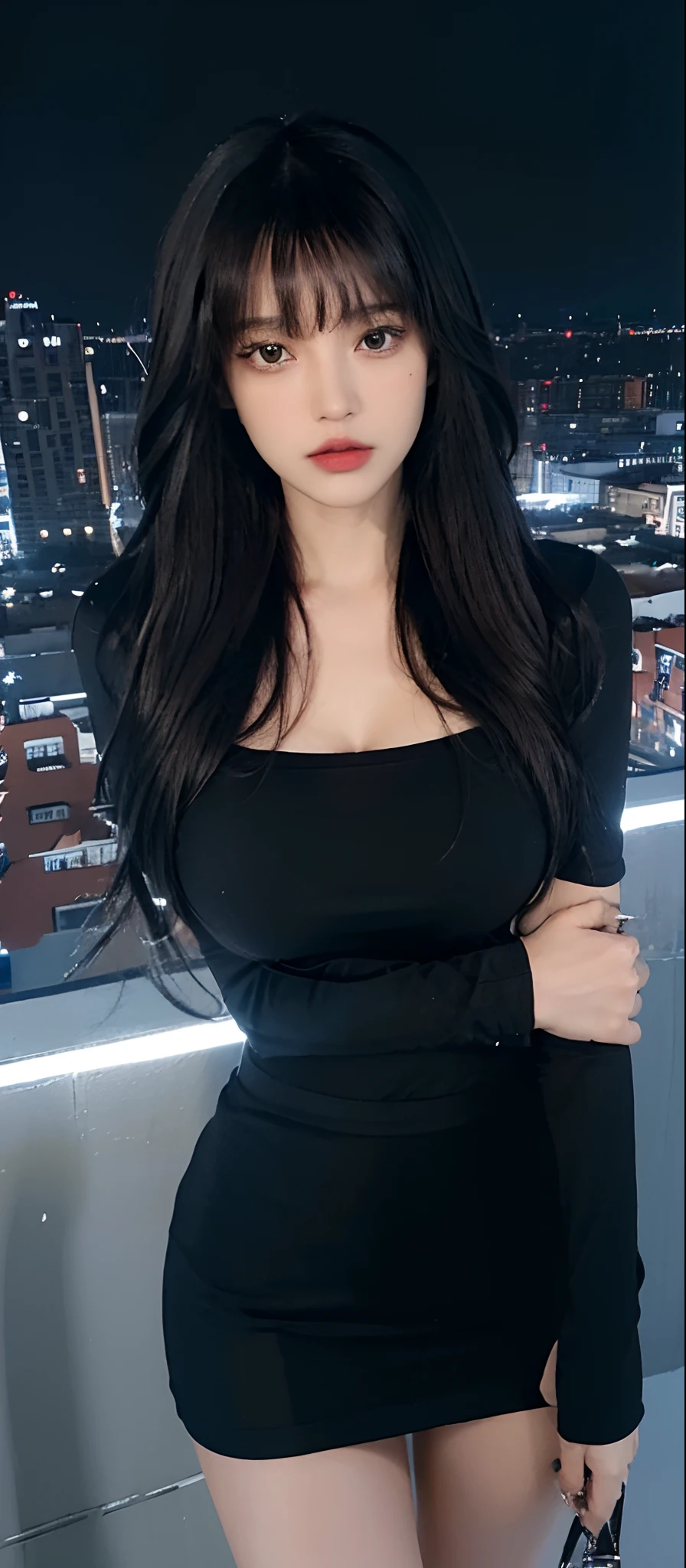 ((Midnight, Best quality, 8k, Masterpiece :1.3)), (close up), Sharp focus, A pretty woman with perfect figure, ((black hair, Big breasts)), (tight t-shirt, short skirt, Standing), ((Night city view, Rooftop)), Highly detailed face and skin texture, Detailed eyes, Double eyelid, cleavage