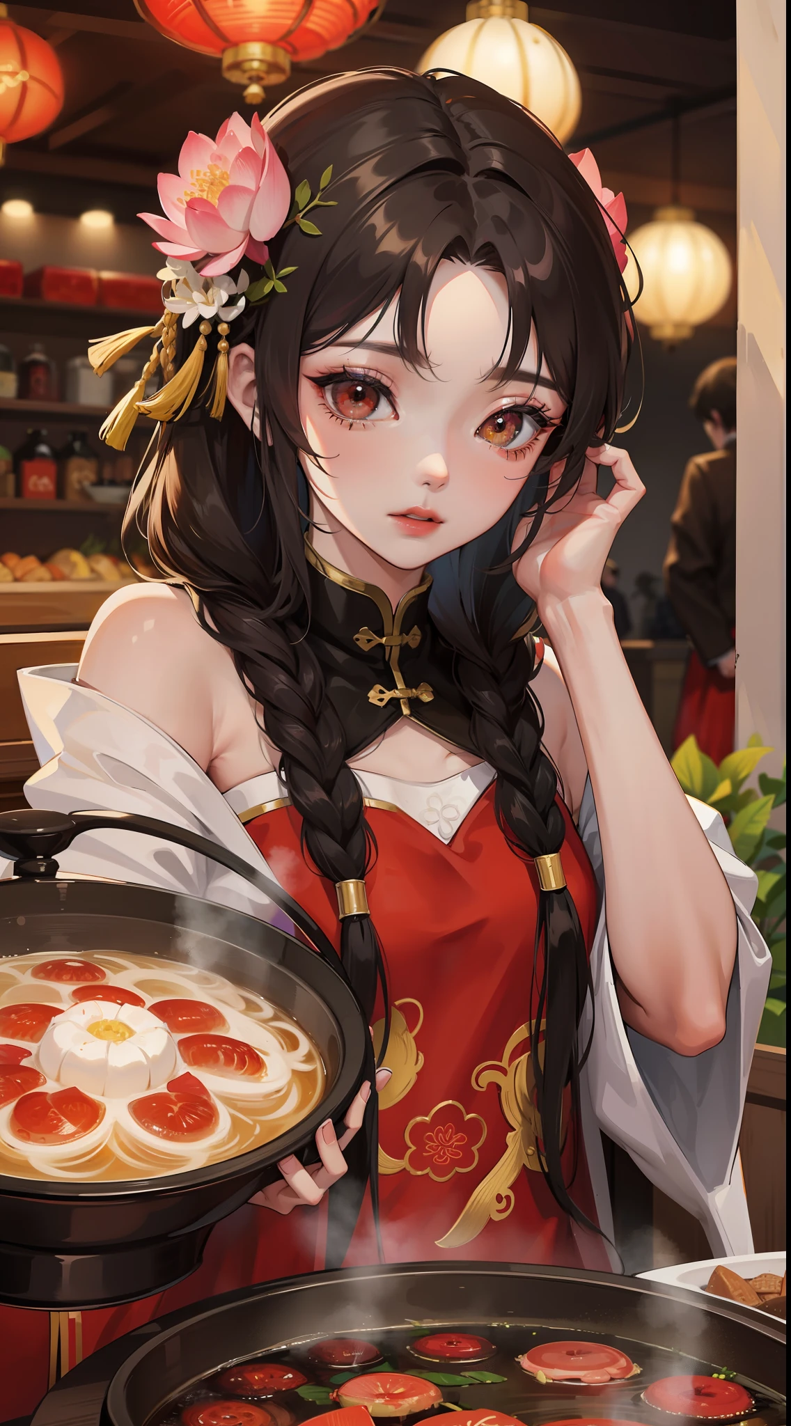 Chengdu girl,hot pot,Delicate facial features,Delicate,(There is lotus embroidery on the clothes:1.4),(Chinese red:1.4),Lively street stalls,the night,red colour,Abundant hot pot ingredients,Twist braids,Bokeh,The eyes are sharply focused,8K,super-fine,tmasterpiece,Accurate hands,Detailed pubic hair,dynamic viewing angle