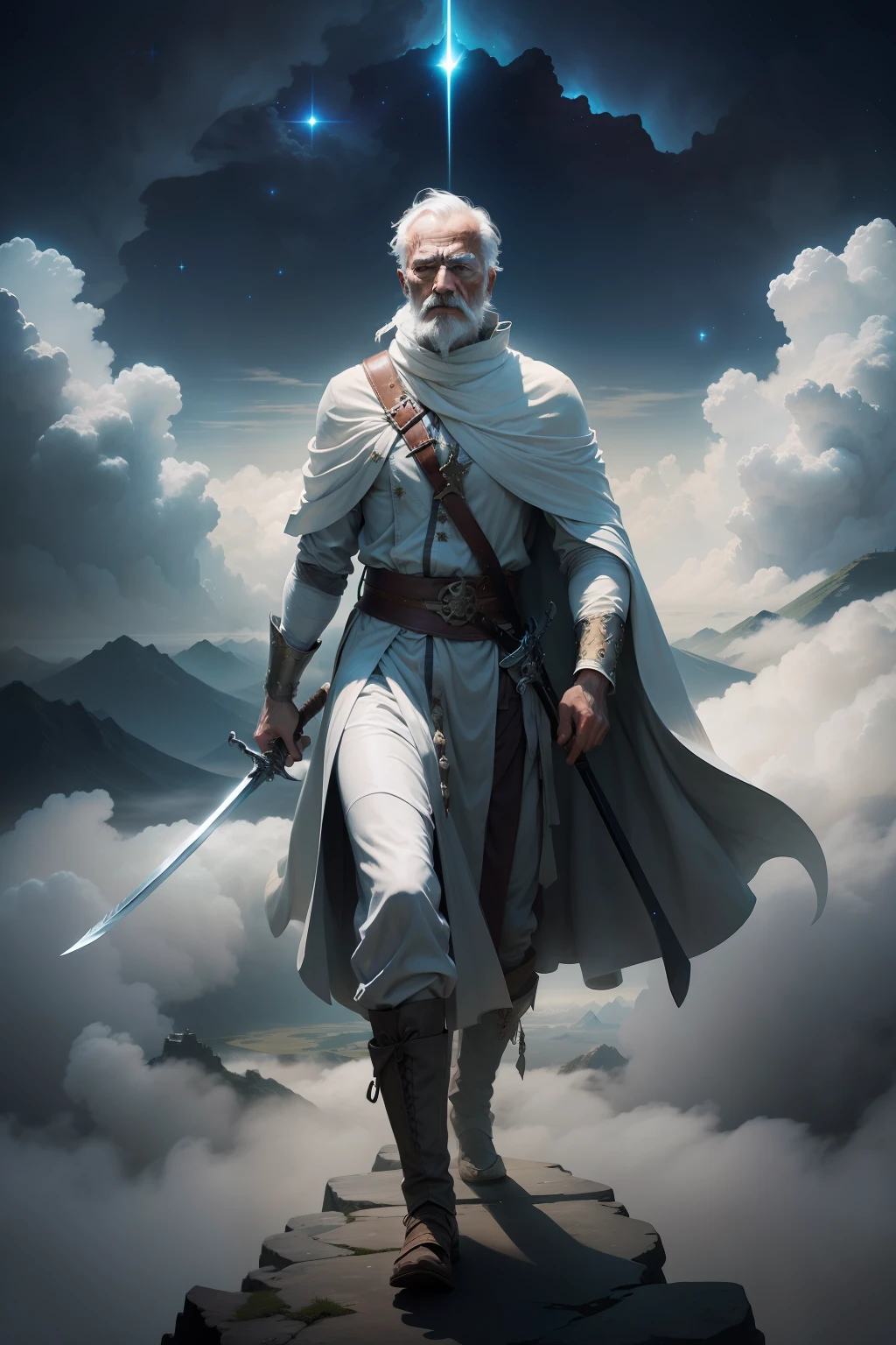 Above the sea of clouds，Immortal fog pervades，The old man with the sword，Sword-eyed stars，Dressed in white，Peek into all beings，Foot on auspicious clouds