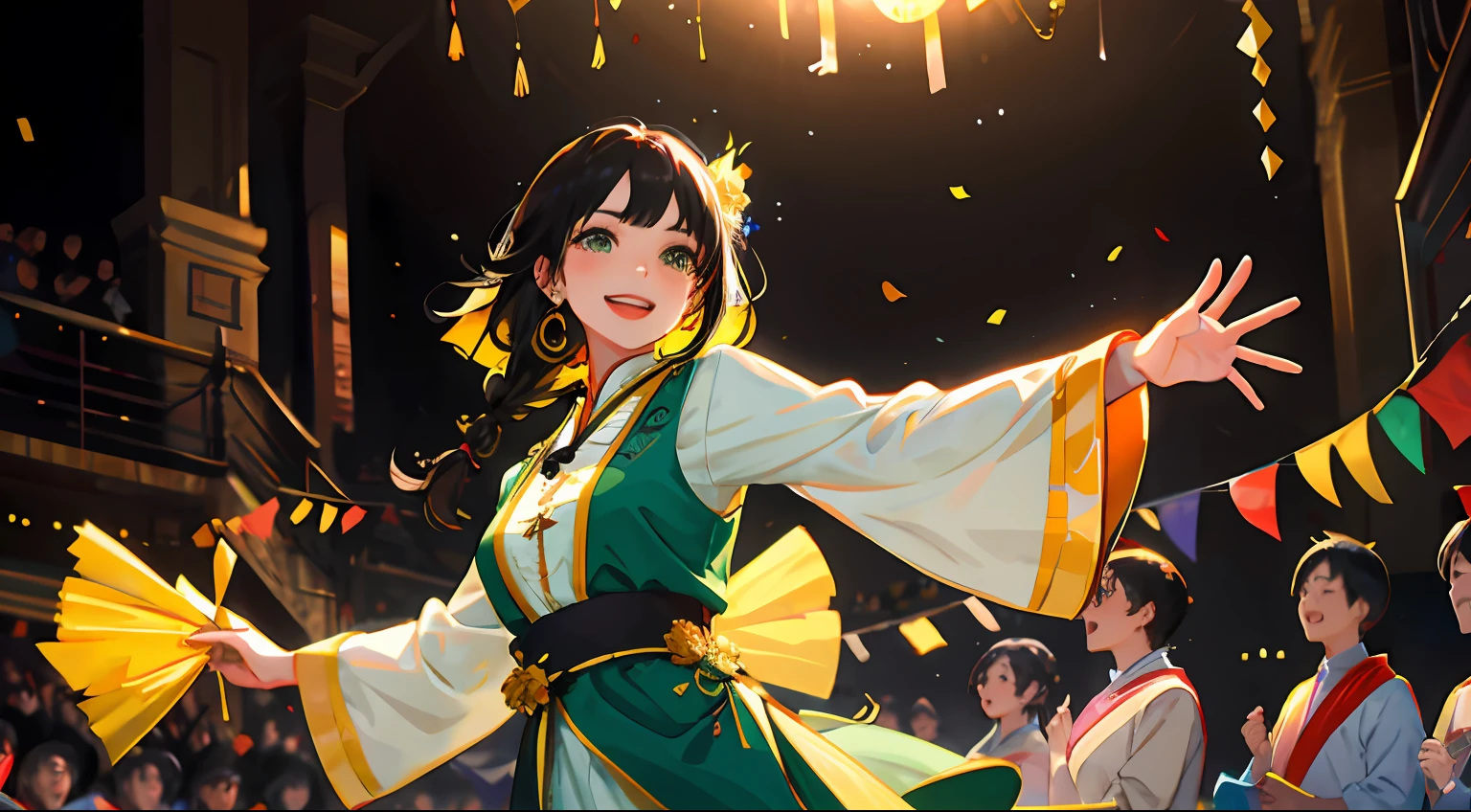 4. The character:Ethnic minority girls,Long black braided at the back in two bunches,Dark green eyes are bright and agile,She wore a cheerful and enthusiastic smile,Dress in gorgeous traditional costumes,A string of colorful streamers is waving in his hand。 scene:She stands in a joyous celebration scene,The streamers fluttered and danced in her hands,Her smile is full of joy and movement,The colors of the streamers complement her costumes,Form a joyful and lively picture。