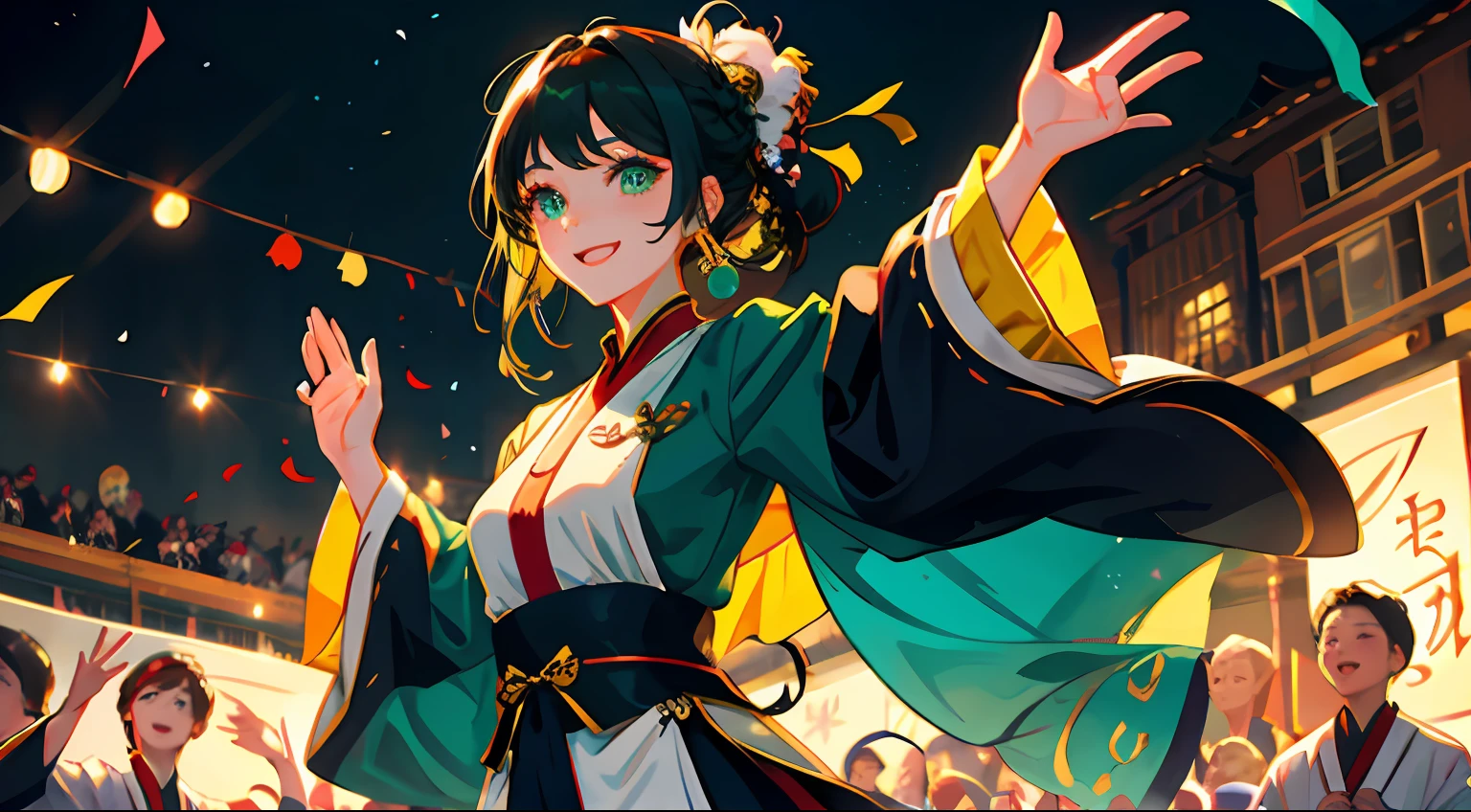4. The character:Ethnic minority girls,Long black braided at the back in two bunches,Dark green eyes are bright and agile,She wore a cheerful and enthusiastic smile,Dress in gorgeous traditional costumes,A string of colorful streamers is waving in his hand。 scene:She stands in a joyous celebration scene,The streamers fluttered and danced in her hands,Her smile is full of joy and movement,The colors of the streamers complement her costumes,Form a joyful and lively picture。