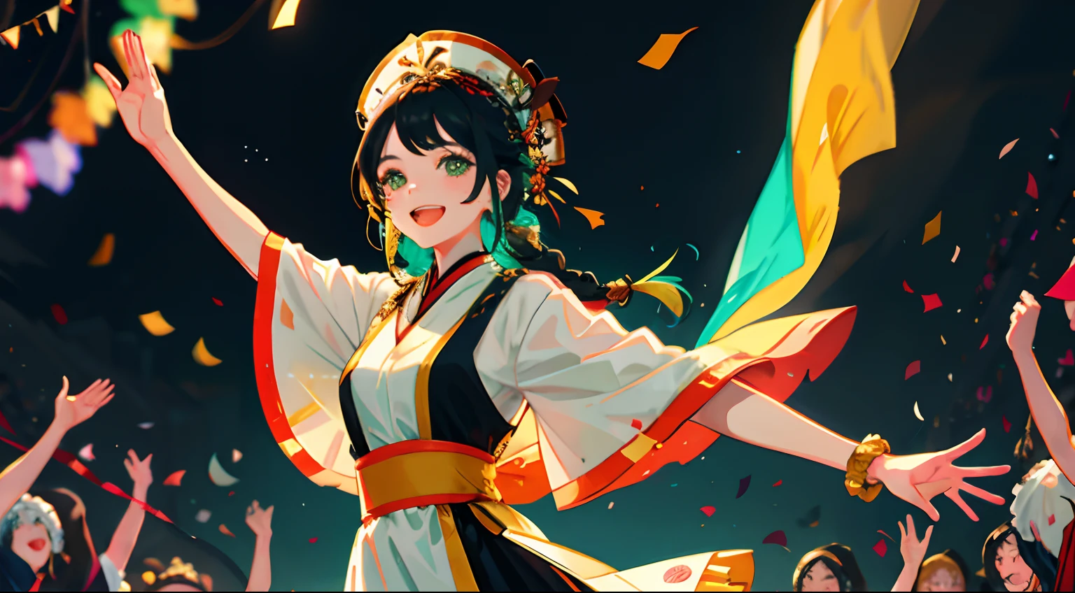 4. The character:Ethnic minority girls,Long black braided at the back in two bunches,Dark green eyes are bright and agile,She wore a cheerful and enthusiastic smile,Dress in gorgeous traditional costumes,A string of colorful streamers is waving in his hand。 scene:She stands in a joyous celebration scene,The streamers fluttered and danced in her hands,Her smile is full of joy and movement,The colors of the streamers complement her costumes,Form a joyful and lively picture。