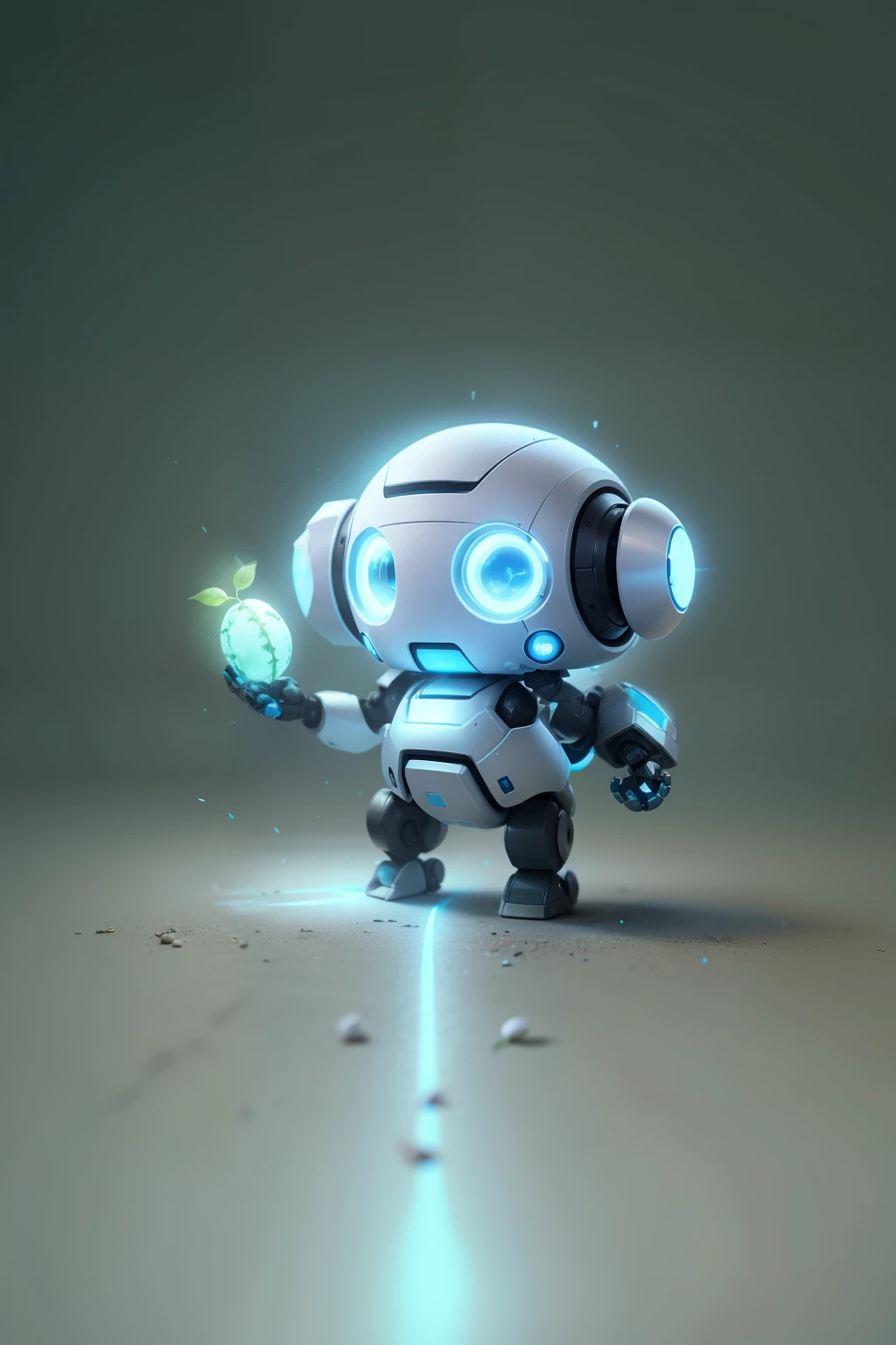A cute little robot with blue eyes and white body, holding a green seed, looking down at the seed on his palm, outstretched arm
