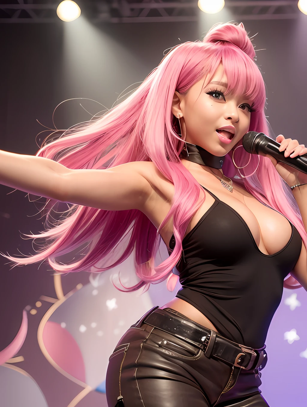 A brown skin anime girl singing on the stage, wearing a pink big top and a trouser, with a pink mic 🎤, and a pink hair --auto --s2