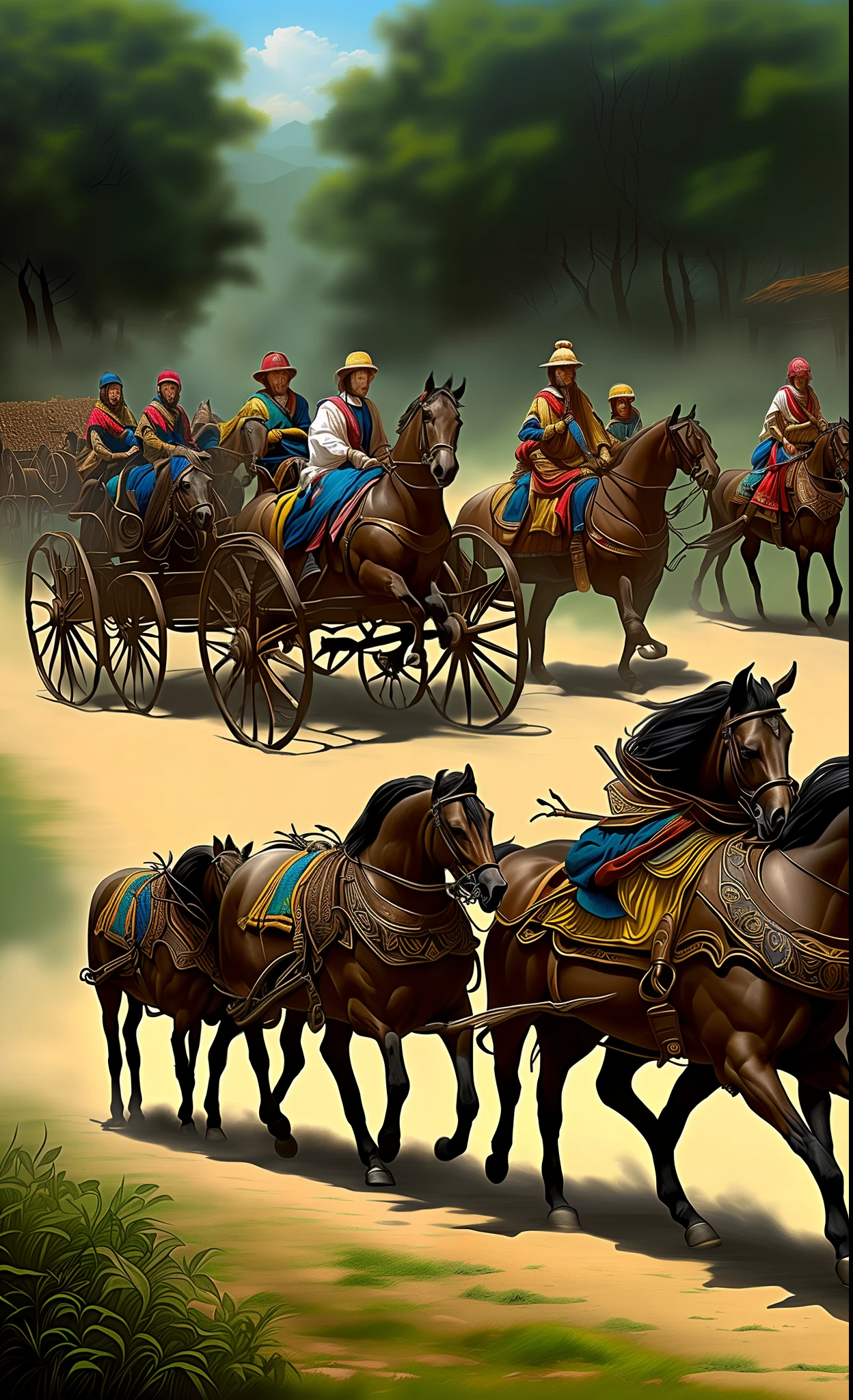 An ancient chariot is led by horses to charge