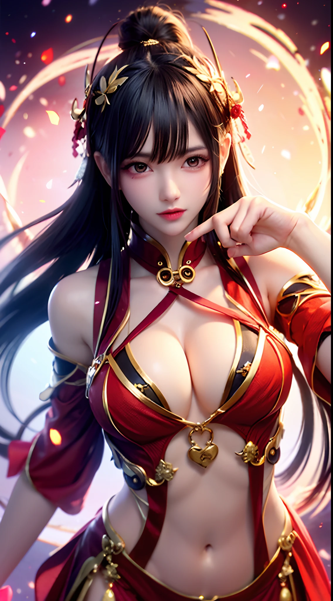 Hot Red Chili Pepper Woman,wearing cheongsam,In a picture at 16K resolution,Elements around flames and balls。