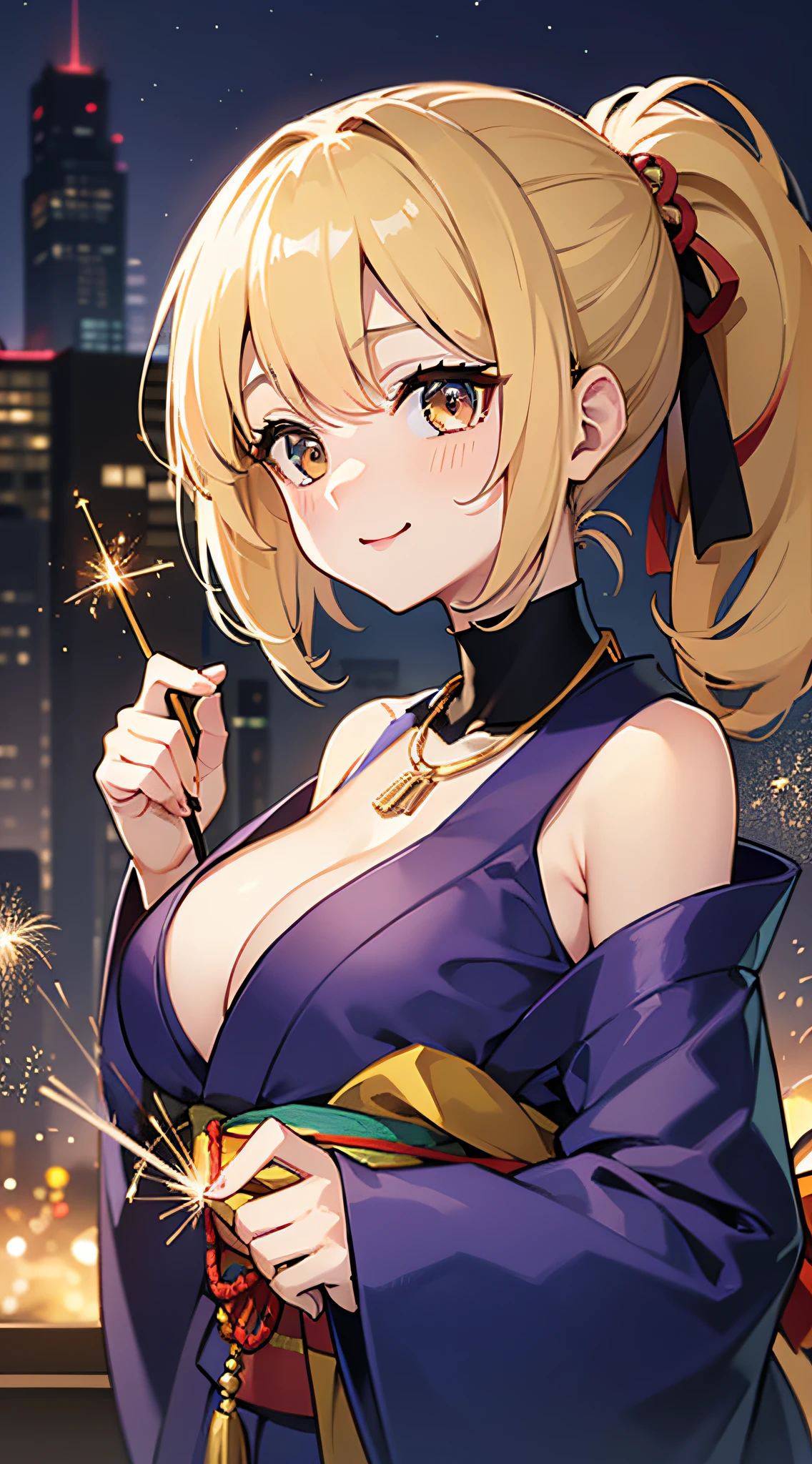 top-quality、top-quality、femele((17 age、japanes、、cute little、a blond、poneyTail、Black kimono,big bast、Bust 95、Breasts wide open、A slender、Blue shoulder bag、Dye cheeks,A slight smil、Gold necklace、)),hiquality、depth of fields、Background with((Night city))、Depth((sparklers))
