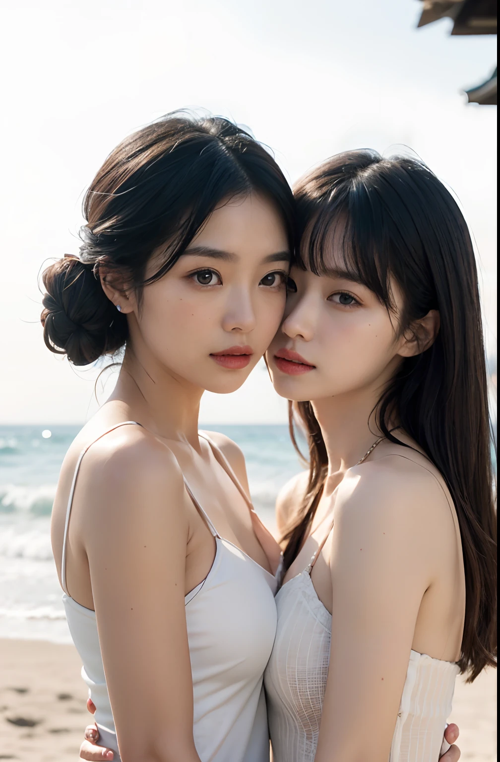 (Two Chinese stars with the style of royal sisters,duo,caressing the,Kissing,on the beach), ((Best quality, 8K, Masterpiece: 1.3)), Focus: 1.2, Perfect body beauty: 1.4 , (funny expression), (Night Street: 1.3), Highly detailed face and skin texture, Fine eyes, Double eyelids, Whitens the skin, (Air bangs: 1.3), (face round: 1.5), (Thin strap top: 1.4),