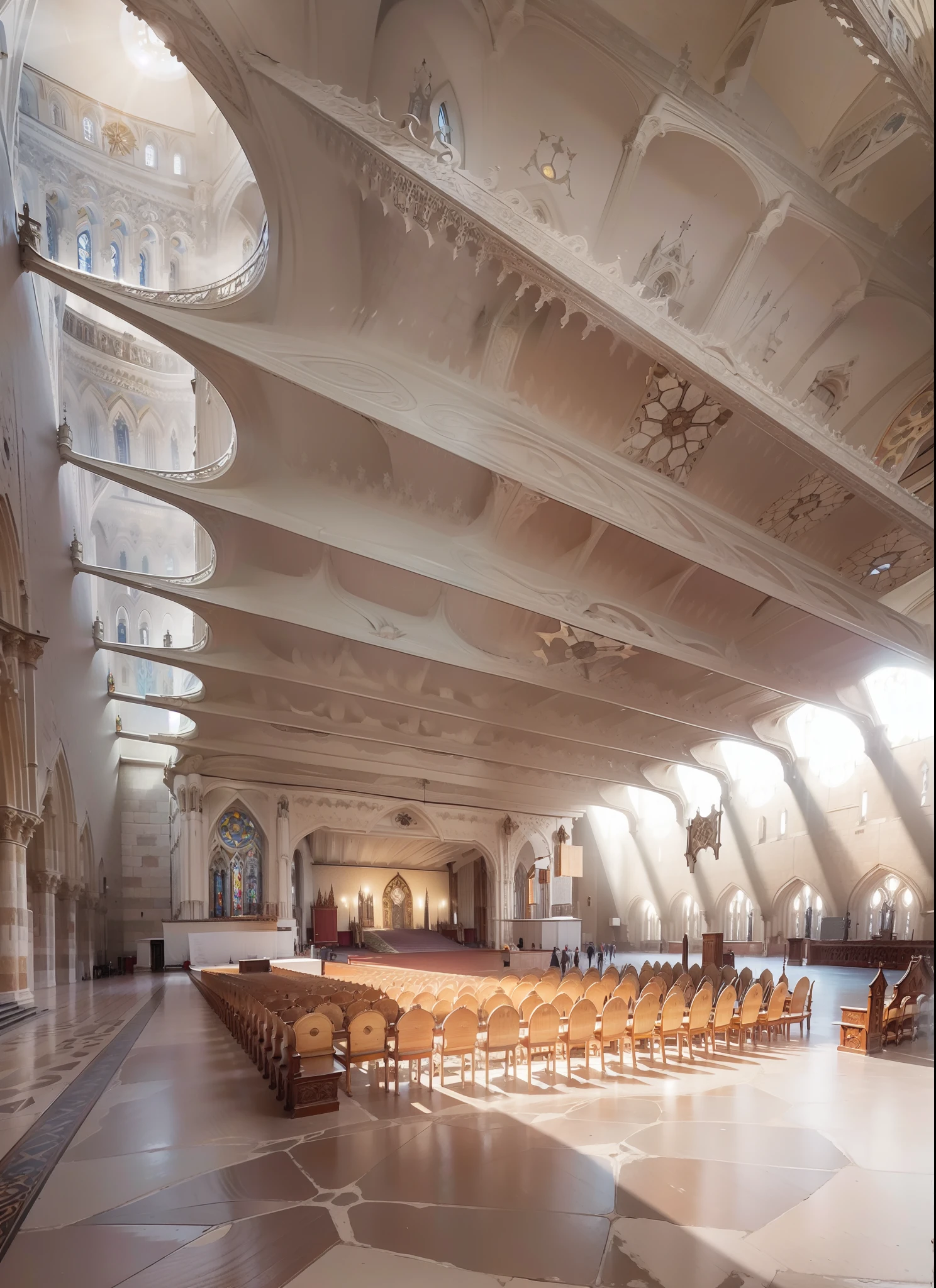 Huge church, A Gothic Church, There are two minarets, Resplendent, A ray of sunlight shines through the clouds, Dingdall effect, The sun shines on the top of the tower, There are detailed carvings on the walls, Cologne Cathedral, Masterpiece, Award-Awarded, High details