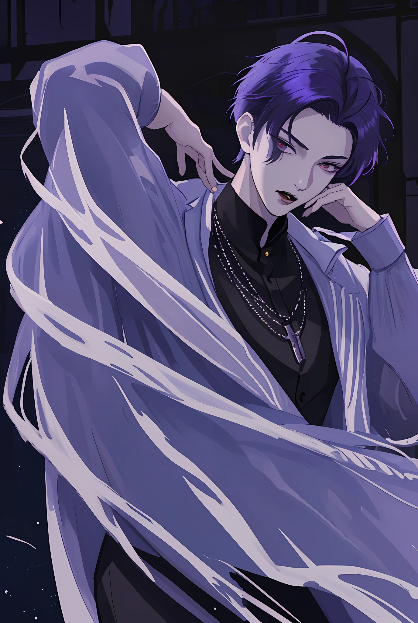 Moonlight behind, Stand in Front of the Church, Man with bright purple hair, inspired by Sim Sa-jeong, nixeu and sakimichan, Inspired by Wang Duo, Morgoth, inspired by Bian Shoumin, Virtual Self, looking this way, inspired by Gang Se-hwang, inspired by jeonseok lee, Tumbler, high-level image quality、 beautiful male、tall、window、𝓡𝓸𝓶𝓪𝓷𝓽𝓲𝓬、Korean Male, k pop, Professional Photos, Vampires, À la Fed Man with Necklace, inspired by Sim Sa-jeong, androgynous vampire, :9 detailed face: 8, extra detailed face, detailed punk hair, ((asa)) baggy eyes, Seductive. Highly detailed, semi realistic anime, Vampires, hyperrealistic teen, delicate androgynous prince, imvu, short hair above the ears, Man with short hair, Glaring expression, Cool pose, Korean fashion for men in black and white