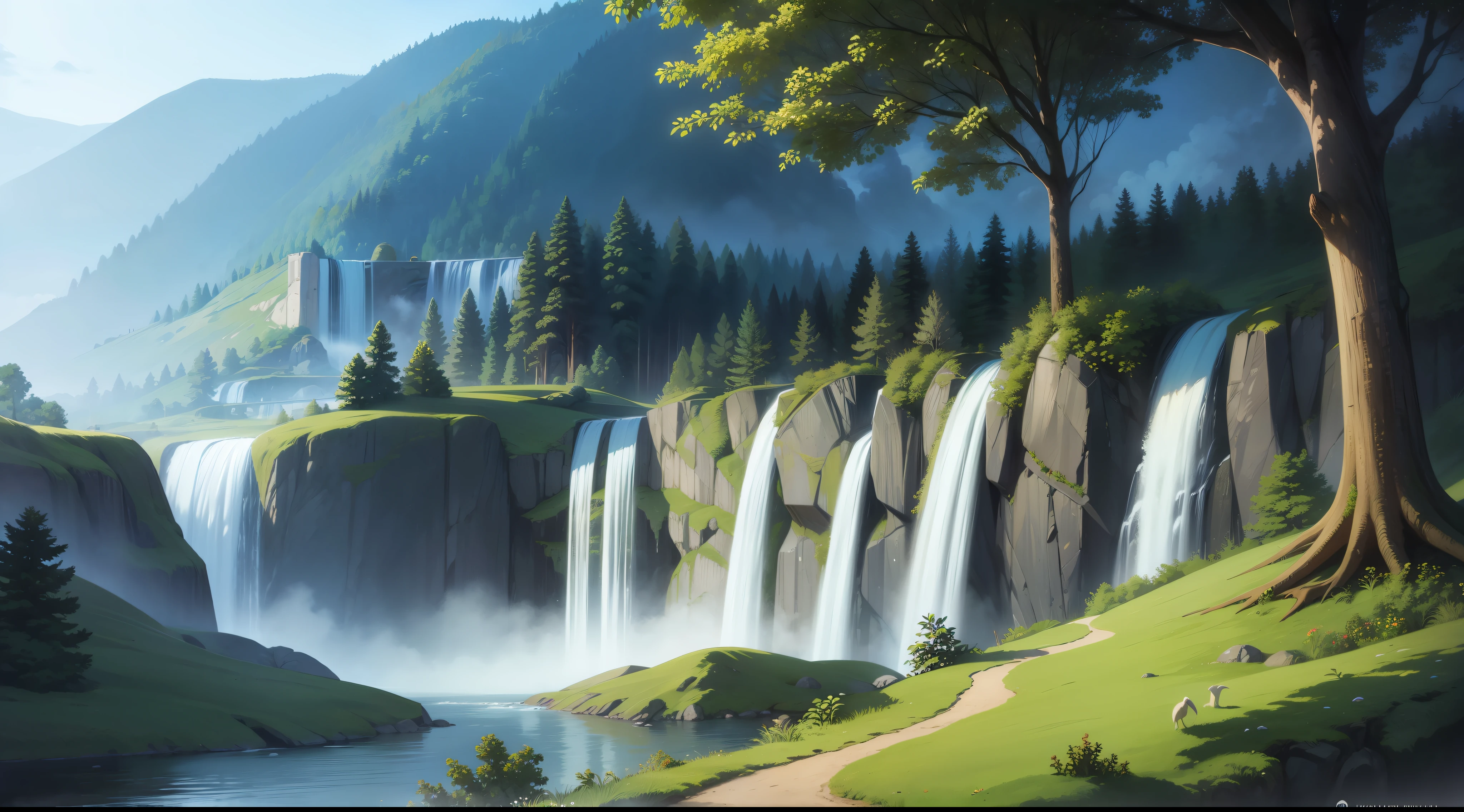 masterpiece, cliff with a waterfall, in a forrest, color drawing