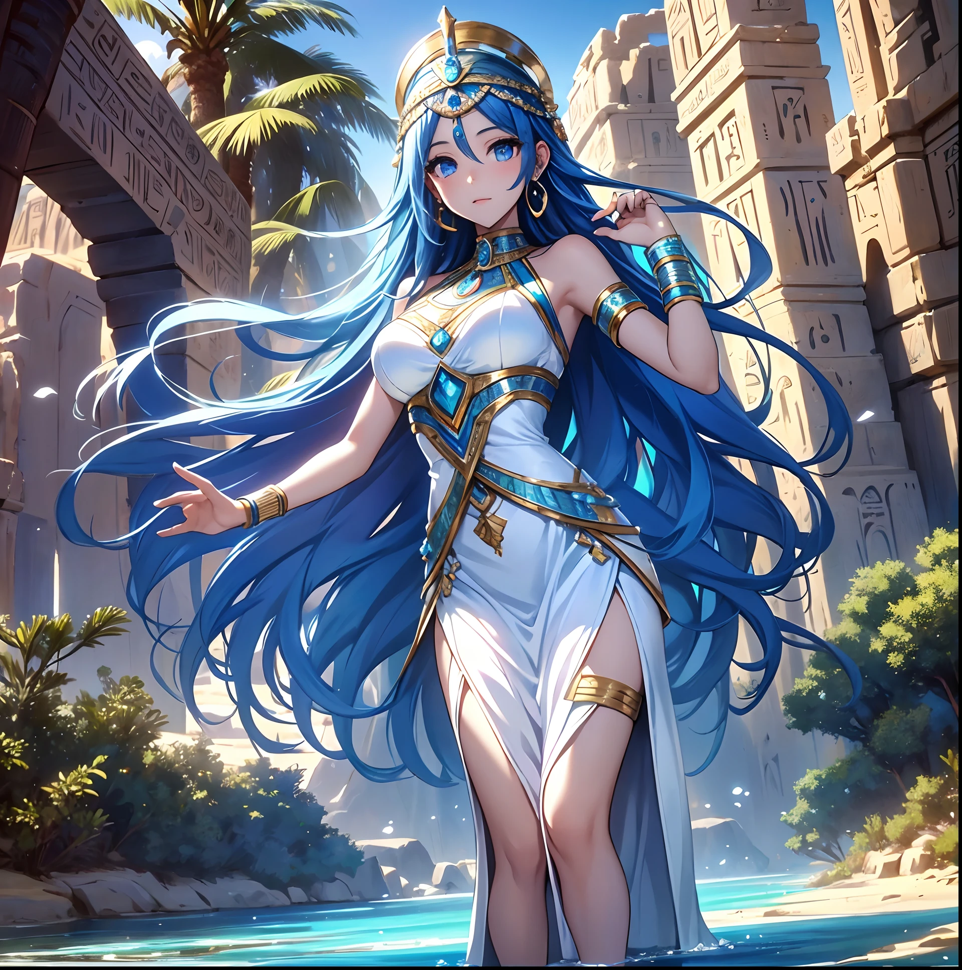 best qualityer,tmasterpiece,Ultimate resolution,downy,Extremely colorful,Colorful,Oasis background,Ancient Egyptian woman,Long azure hair,a matural female,Long white dress in Egyptian style,a white long skirt,Treading water,Desert oasis,Nile River,Normal posture