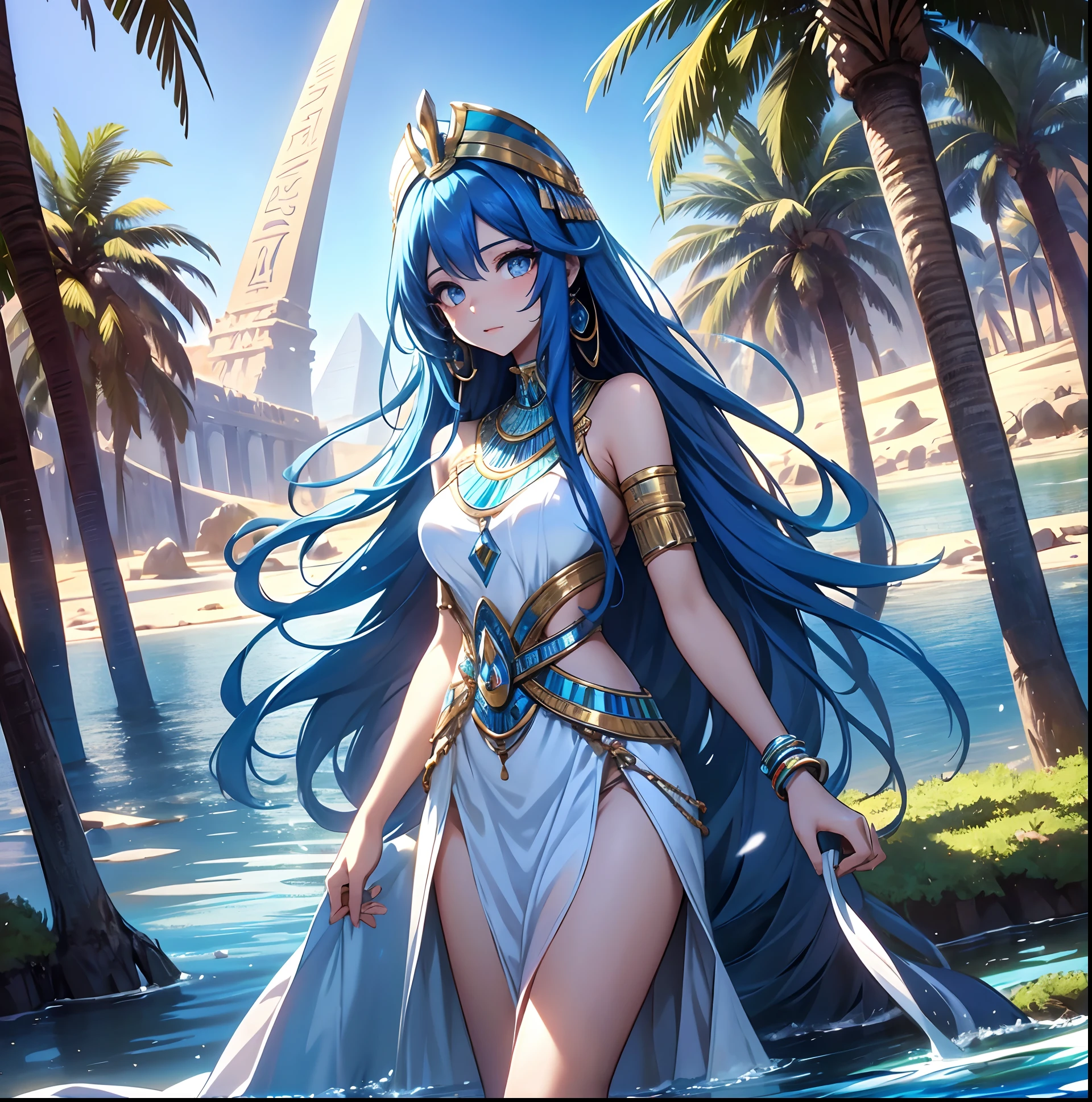 best qualityer，tmasterpiece，Ultimate resolution，downy，Extremely colorful，Colorful，Oasis background，Ancient Egyptian woman，Long azure hair，a matural female，Long white dress in Egyptian style，a white long skirt，Treading water，Desert oasis，Nile River，Normal posture