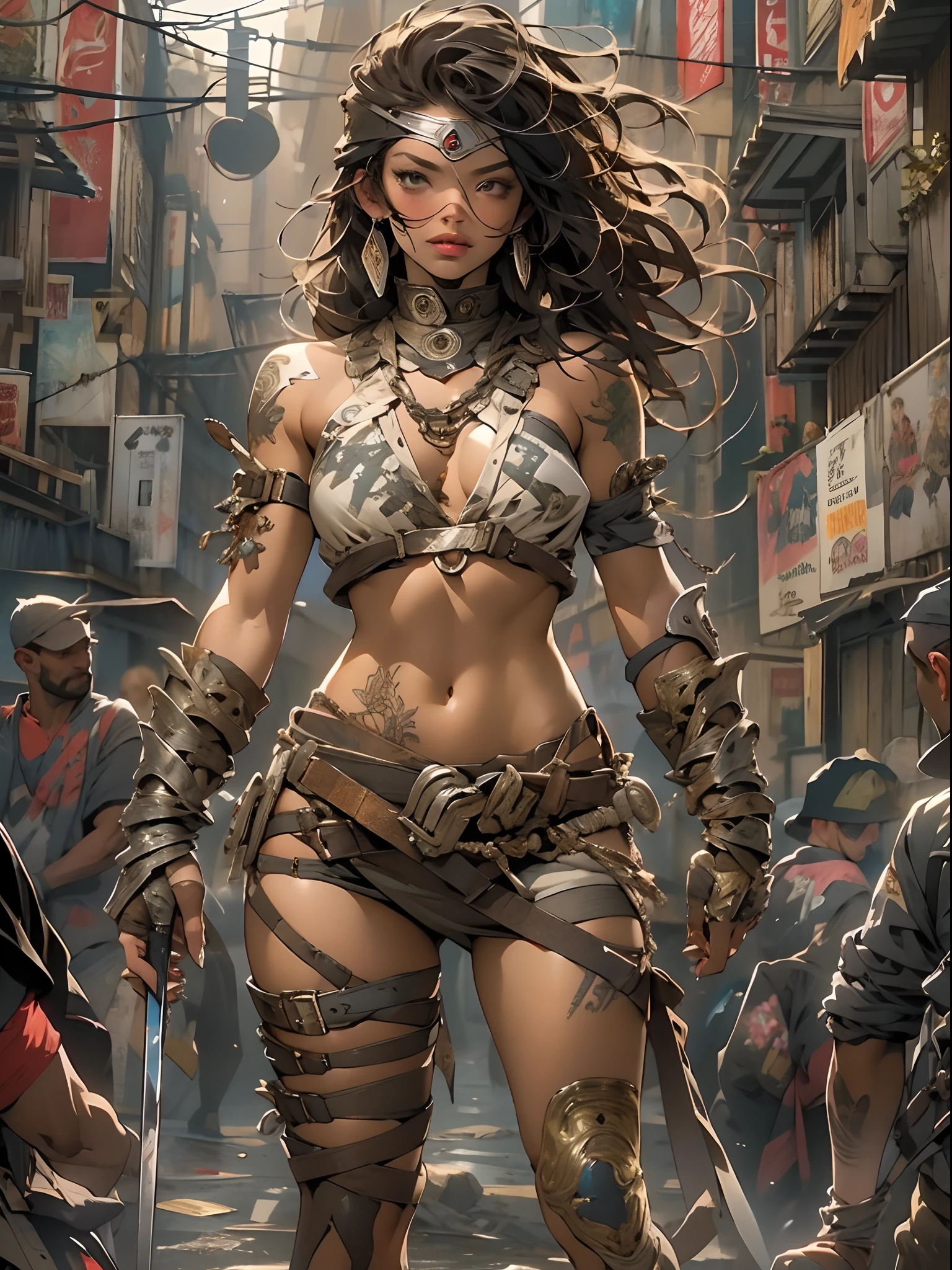 (((mulher))), (((melhor qualidade))), (((obra prima))), (((adulto))), view from the knee up, Uma gladiadora linda mulher branca com corpo perfeito, Gladiadores do Brooklyn, Hand with gloves and protection on the left arm made of steel and metal tips, (( parte de baixo dos peitos aparecendo )), (( Tiny floss )), almost naked in Simon Bisley's urban wilderness style for a high-resolution poster, cabelo moicano, Minimum clothing, armadura (roupas loucas ), cheio de pontas e rebites, tatuagem tribal, (((corpo inteiro))), cabelo moicanos com as pontas coloridas