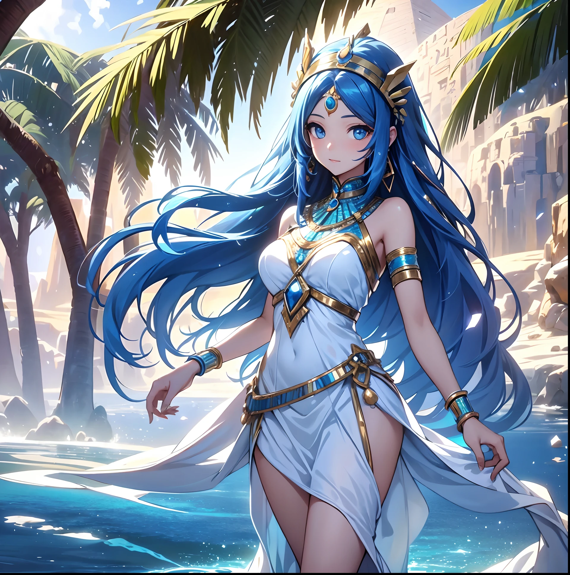 (Woman) young, anime, (full body) wide hips, small breasts, and big ass, (short Greek torn dress) white coloration and gold embroidery at the edges, (straight blue hair with bangs and long), (earrings), (necklaces), (landscape) beach, clear sky with a beautiful sun, (body position) sitting on top of the sand with her beautiful hands leaning against the waters, (beautiful face). --auto --s2
