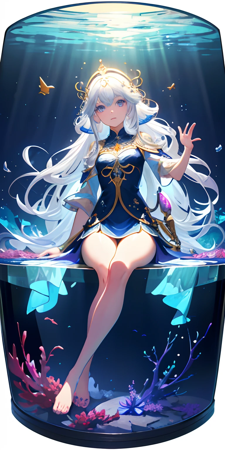 [(Transparent background:1.5)::5],(((Masterpiece))),(((Best quality))),(((Extremely detailed))),illustration, 1girll,Solo,mysterious,vivd colour,Shiny, Underwater transparent sealed hemispherical glass dome, (White hair),(Purple eyes), full bodyesbian,Barefoot,Long hair tranquility nature, Koi,Underwater, Dome,Close up,Dynamic actions,Lens perspective,(((Box composition))),sitting cross-legged，Leaning against the bookshelf, voluminetric lighting, multi colored eyes, Detailed eyes, ultra - detailed,Light smile, Highly detailed, Beautiful, small detailed, Ultra detailed, Best quality, Intricate, 4K, 8K, trending on artstationh, Good anatomy, Beautiful lighting, Award-winning,