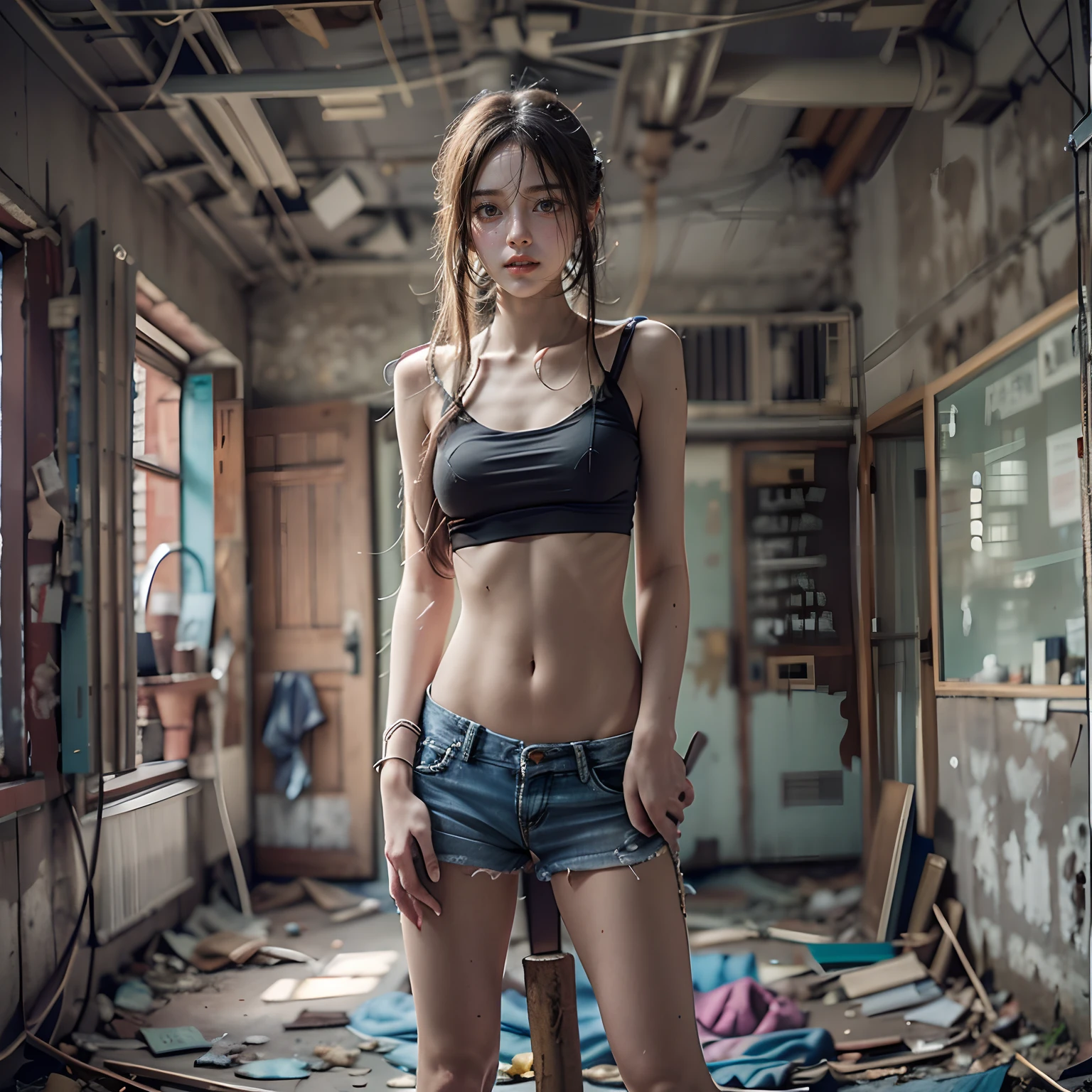 Abandoned school sexy standing pose,full-body portraits(1:1),18 years old girls,Slender and slender figure,Skinny,As thin as a whipping post,Smaller bust,The barefoot,Random nudity all over the body,exhibitionists,Random exposure of genitals,face to the viewer