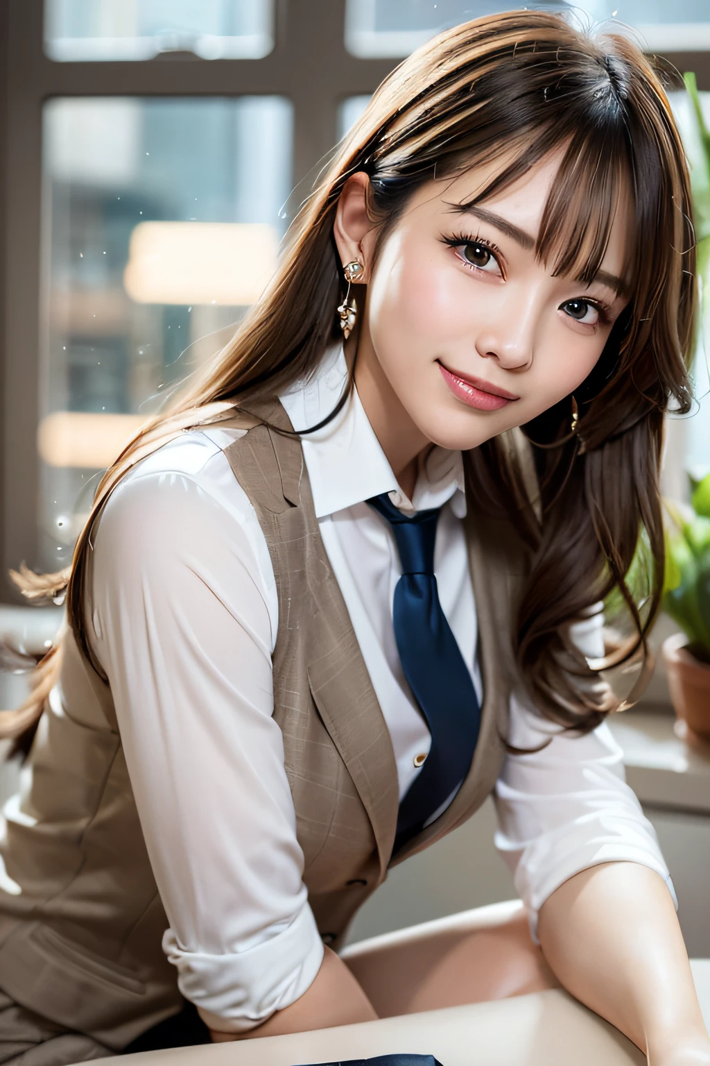 (masterpiece:1.3), high resolution, ultra detailed, extremely detailed CG unity 8k wallpaper, realistic, photo-realistic, RAW photo, beautiful detailed face, pale skin, realistic glistening skin, detailed cloth texture, detailed hair texture, Perfect body, Beautiful Face, accurate, Anatomically correct, Highly detailed face and skin texture, natural neck length, (beautiful hands), (fair skin:1.2), Thin legs, Thin feet,
BREAK,
Detailed eyes, symmetric eyes, Light Brown eyes, Double eyelids, Thin eyebrows, (Glossy lips:1.4), ((gently smile:1.3)), (blush:1.1),
BREAK,
(A Classy and Cute girl:1.3), (wearing a Business pants suits:1.2), (formal vest:1.3),
medium large breasts, (slender figure:1.1), firm abs,
(Dark blonde hair, wavy hair, long hair:1.2), ((asymmetrical bangs:1.2)),
BREAK,
((leaning against the desk with hugging pose:1.3)),
((in the stylish office at night:1.4)), (Cowboy shot:1.2), looking at viewer, from front:0.65,