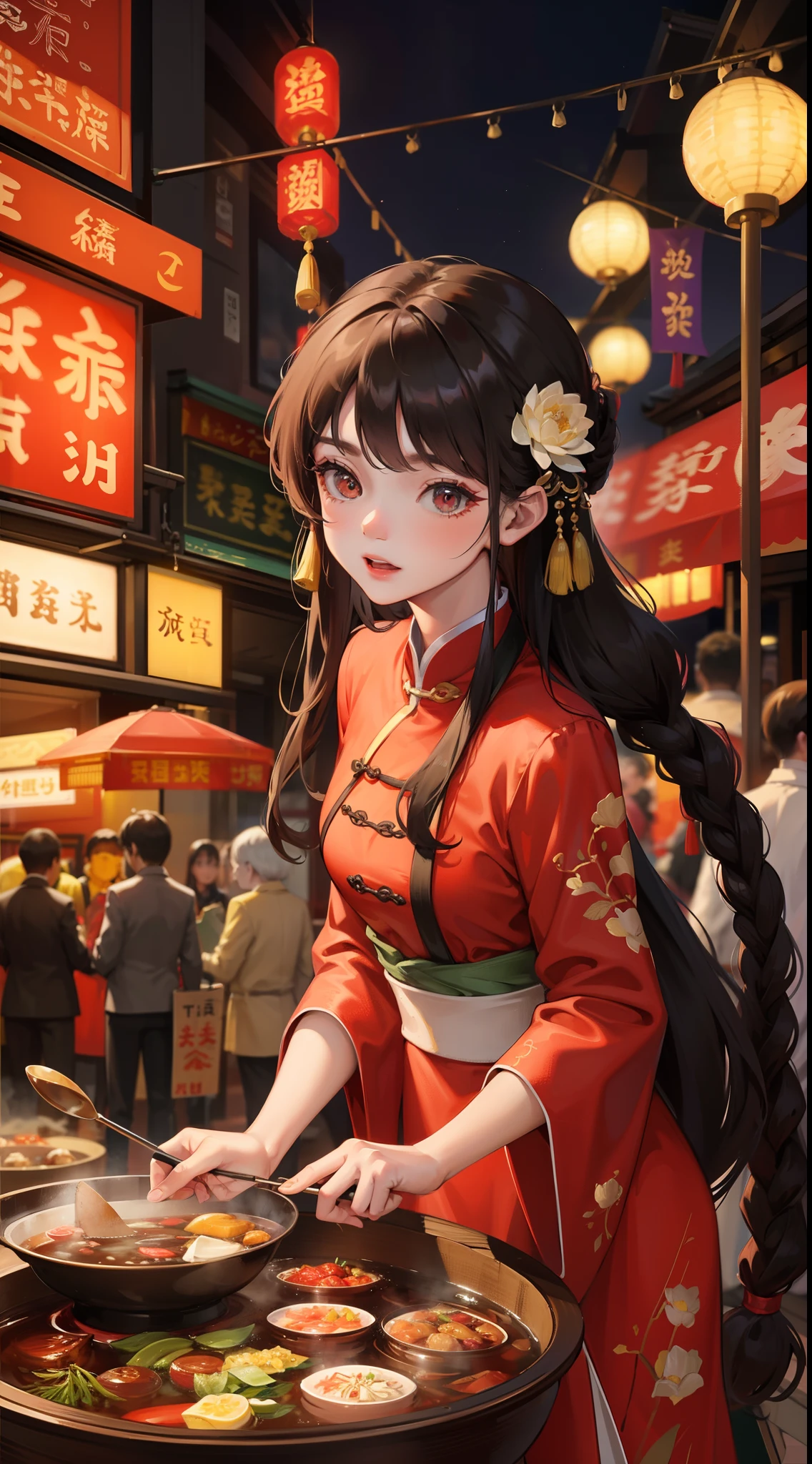 Chengdu girl,hot pot,Delicate facial features,Delicate,(There is lotus embroidery on the clothes:1.4),(Chinese red:1.4),Lively street stalls,the night,red colour,Abundant hot pot ingredients,Twist braids,Bokeh,sharp focus on eyes,8K,super-fine,tmasterpiece,Accurate hands,Detailed pubic hair,dynamic viewing angle
