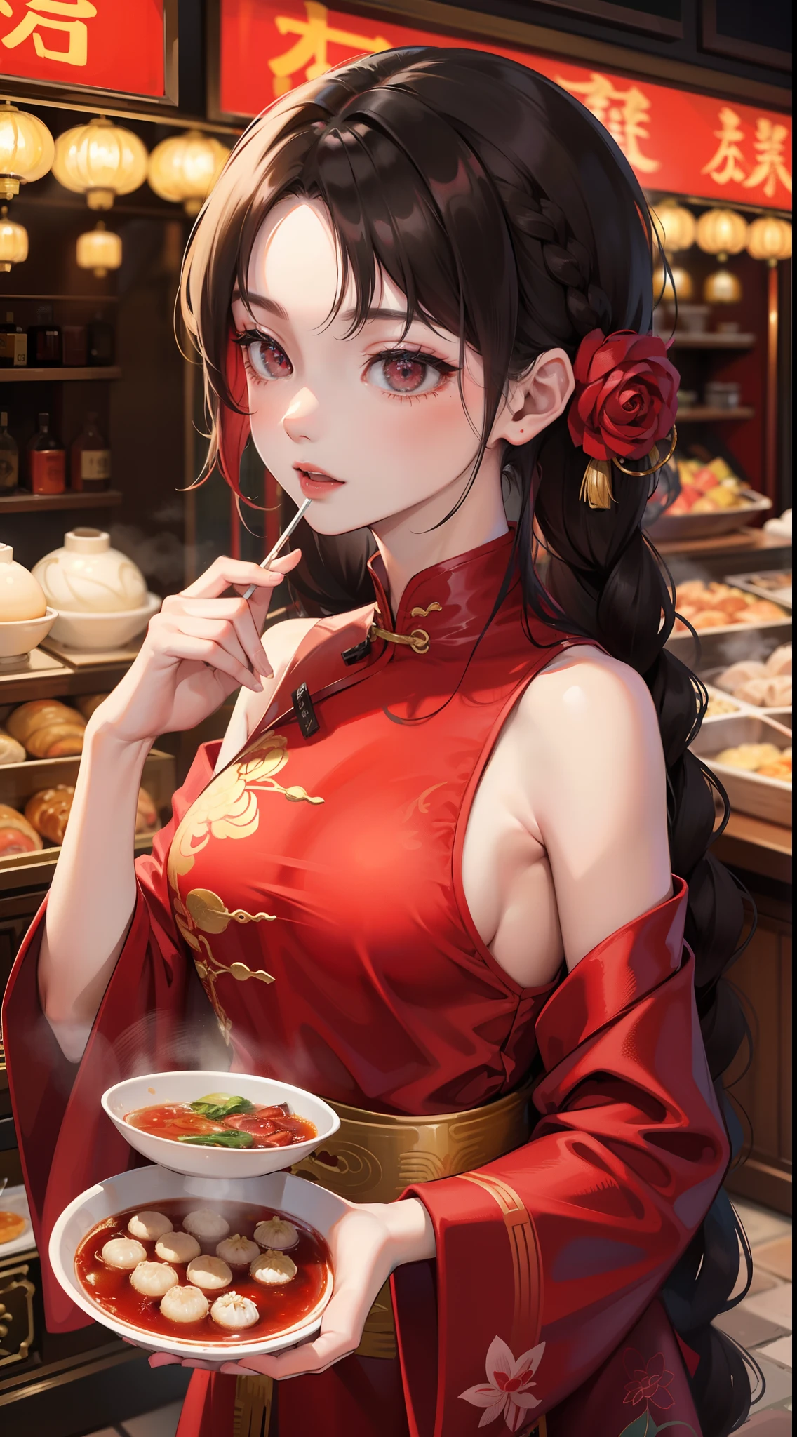 Chengdu girl，hot pot，Delicate facial features，Delicate，（There is lotus embroidery on the clothes：1.4），（Chinese red：1.4），Lively street stalls，the night，red colour，Abundant hot pot ingredients，Twist braids，Bokeh，sharp focus on eyes，8K，super-fine，tmasterpiece，Accurate hands，Detailed pubic hair，dynamic viewing angle