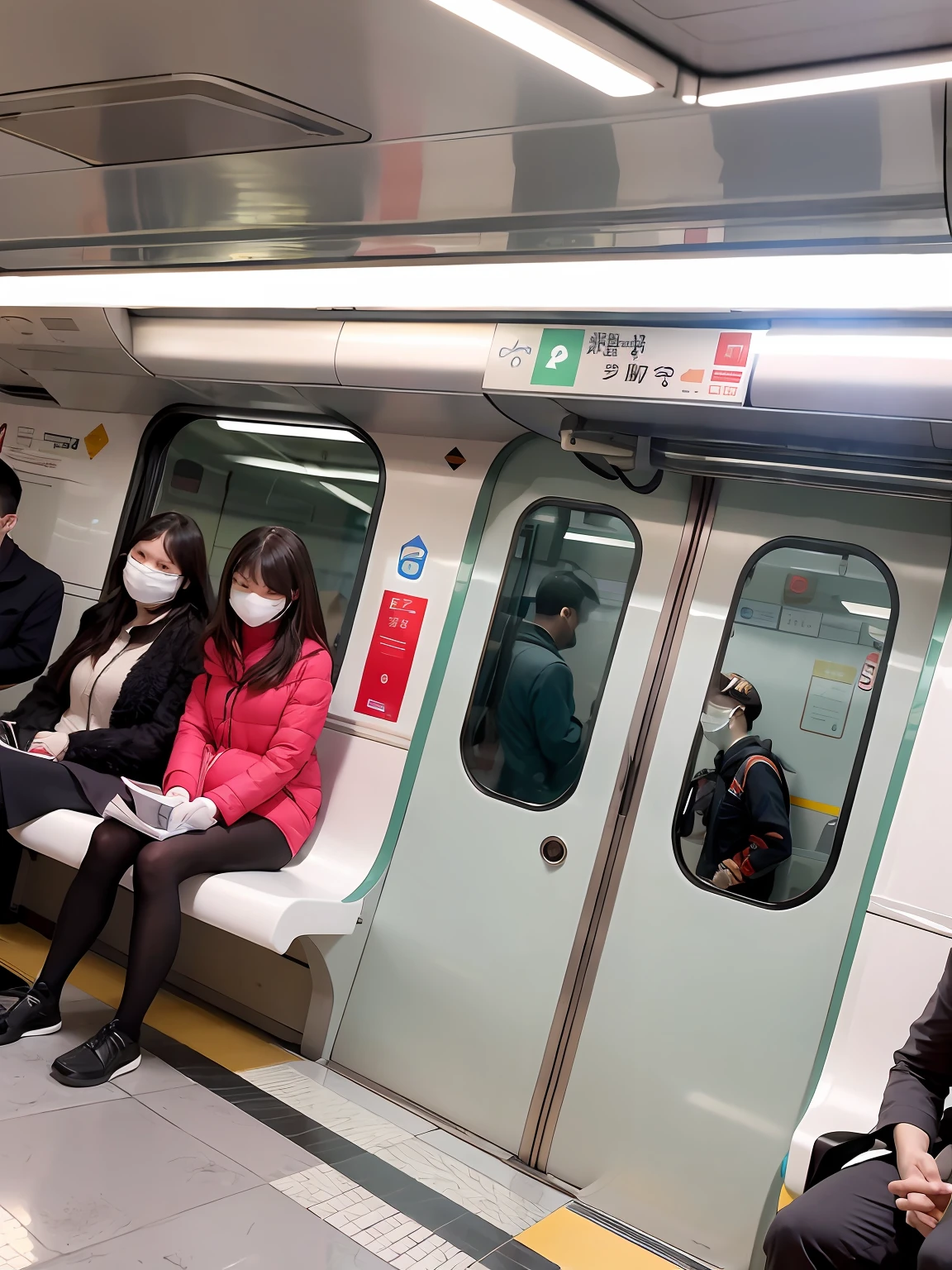 Passengers sit on a subway train with luggage, inside metro train, mrt, Inside the train, the photo shows a large, subways, underground scene, jr sc maglev, subways, underground facility, interiors, in a subway, beijing, Underground, year 2447, 4 0 9 6, inside an underwater train, platform