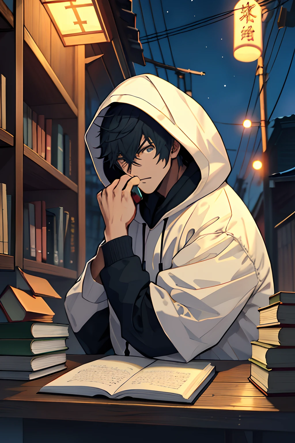 High quality bust photos:Domineering man in a hood leans against a telephone pole,Focus on flipping through books,Attention to detail,Beautiful picture,the night。