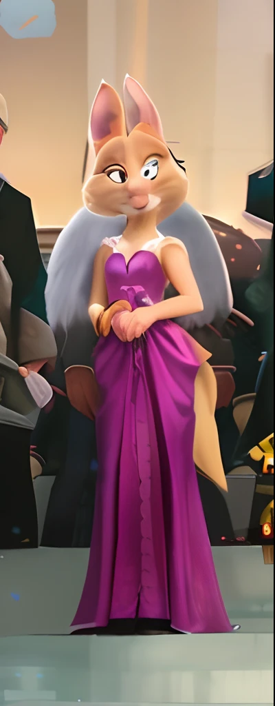 A close-up of a man in a dress and a rabbit, 《Zootopia》styled, zootopia style, Zootopia style, zootopia movie style, in zootopia city, in style of disney zootopia, in style of zootopia, garbed in a purple gown, wearing purple strapless dress, is wearing dress, disney stylized furry