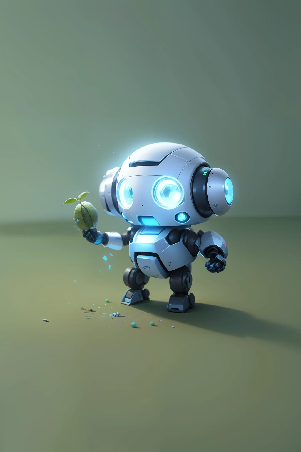 A cute little robot with blue eyes and white body, holding a green seed, looking down at the seed on his palm, outstretched arm