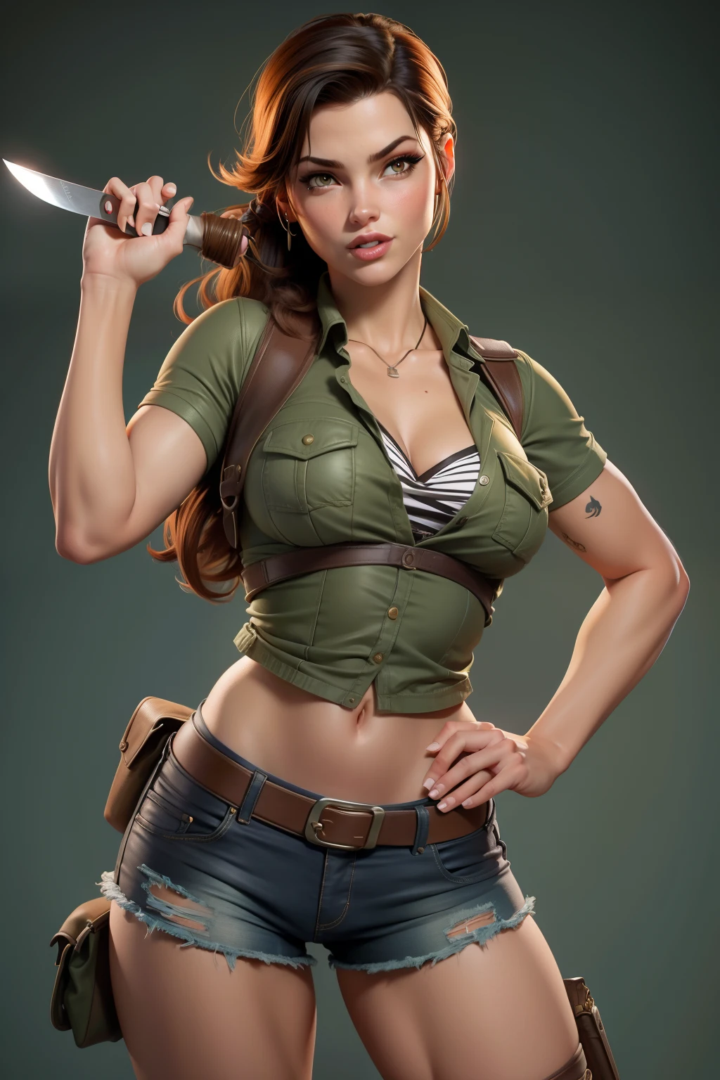 pin-up Lara Croft, Gil Elvgren, cuerpo sexy, cara bonita, pose sexy, camisa, shorts