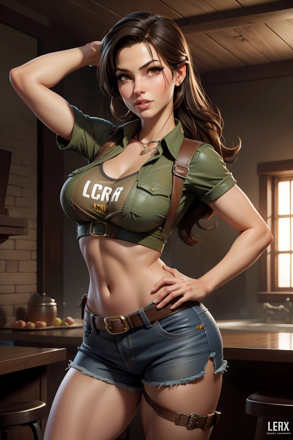 pinup Lara Croft, gil elvgren, sexy body, pretty face, sexy pose, shirt, shorts, gum, knife