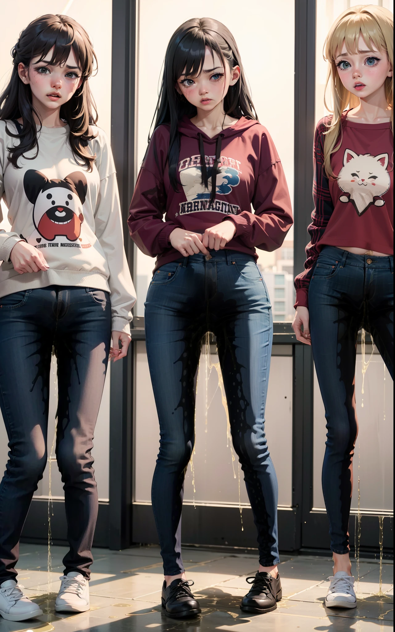 masterpiece, 8K, realistic, highly detailed, highres, best quality, detailed face, (3girls), 20 years old, blue jeans pants, full body, blush, worried, park, ((((((pee stain))))))