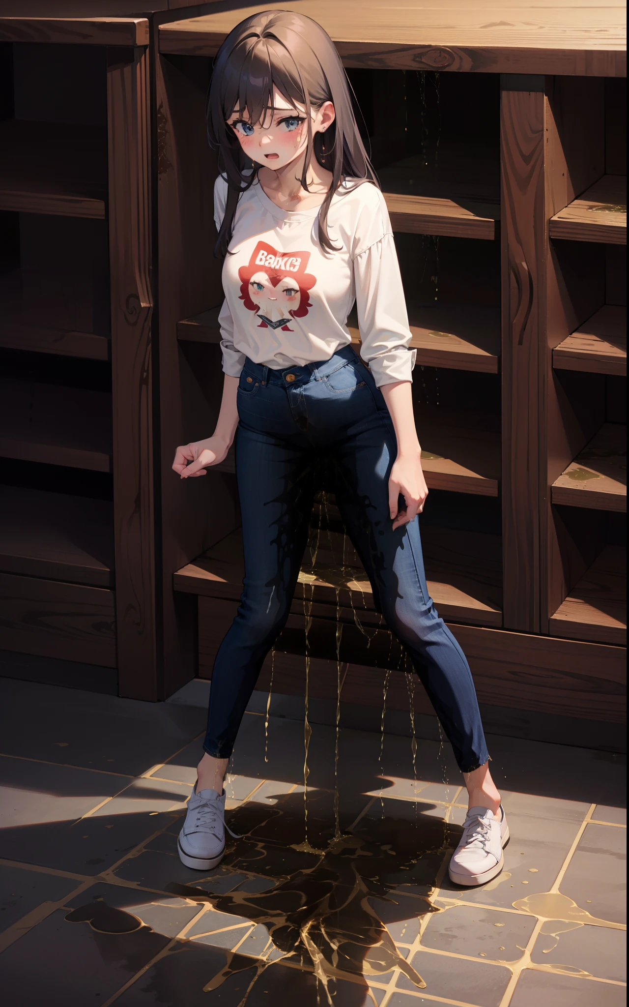 masterpiece, 8K, realistic, highly detailed, highres, best quality, detailed face, (3girls), 20 years old, blue jeans pants, full body, blush, worried, park, ((((((pee stain))))))