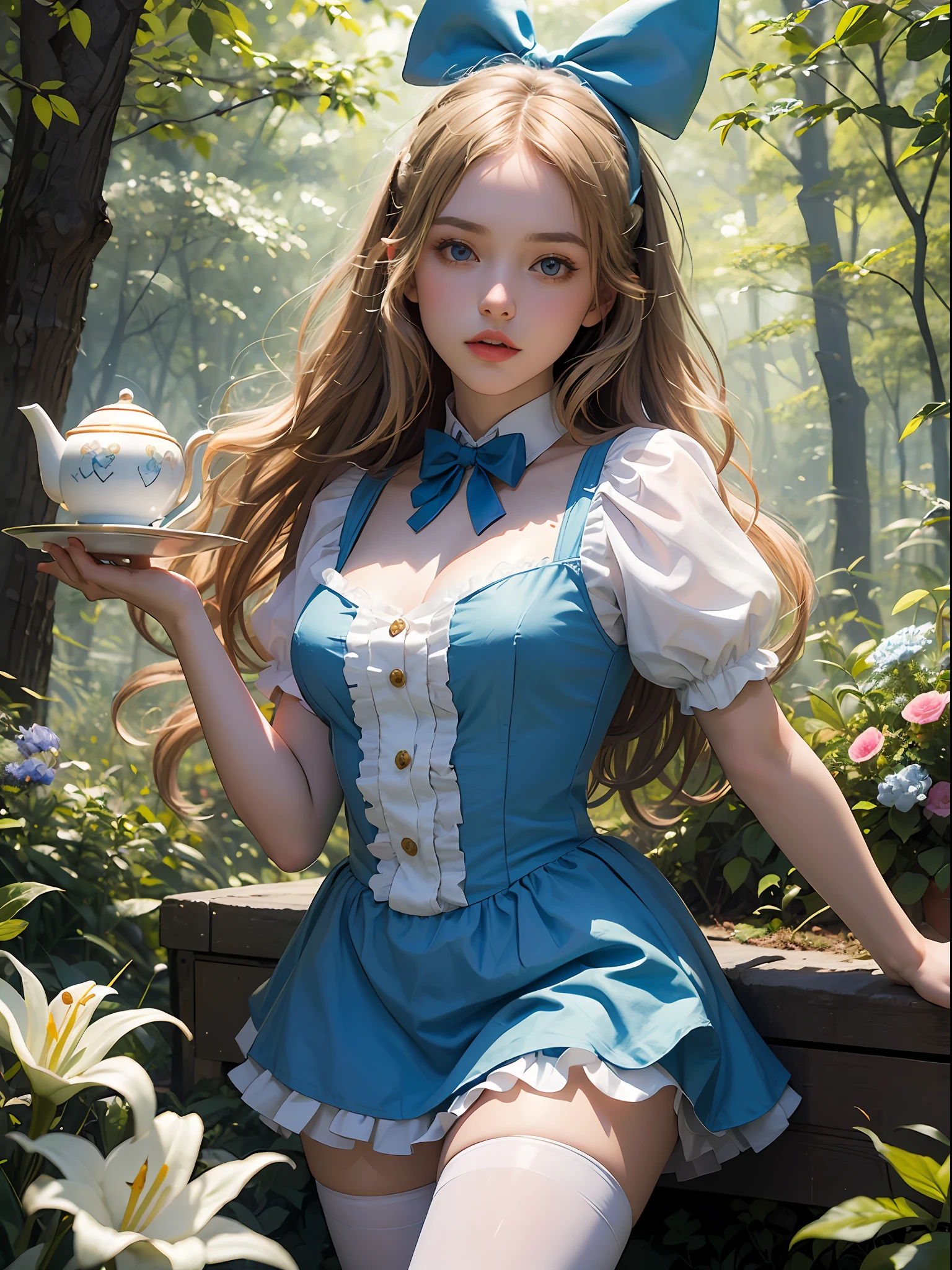 Unbeatable masterpiece, Ultra photo realsisim, Perfect artwork, Intricate details, Best quality, Strong light,High contrast,  (alice inwonderland:1.25) , baroque , cutefantastic colorful , outdoors (forest:1.2)(depth of field:1.25) , (solo:1.5) , (1girl), ((golden hair) , [messy] long hair) ,(bow hair band) , blue eyes , bow , maiddress (blue+white) , white pantyhose ,(dramatic angle:1.2) , looking to theside , books , clock , teapot , [plate], coffee cup , floating , lily (flower) (dessert:1.2) , flowers meadows , (ultradetailed:1.2)  (illustration:1.25)