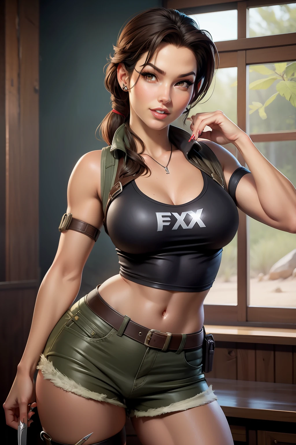 pinup Lara Croft, gil elvgren, sexy body, pretty face, sexy pose, shirt, shorts, gum, knife