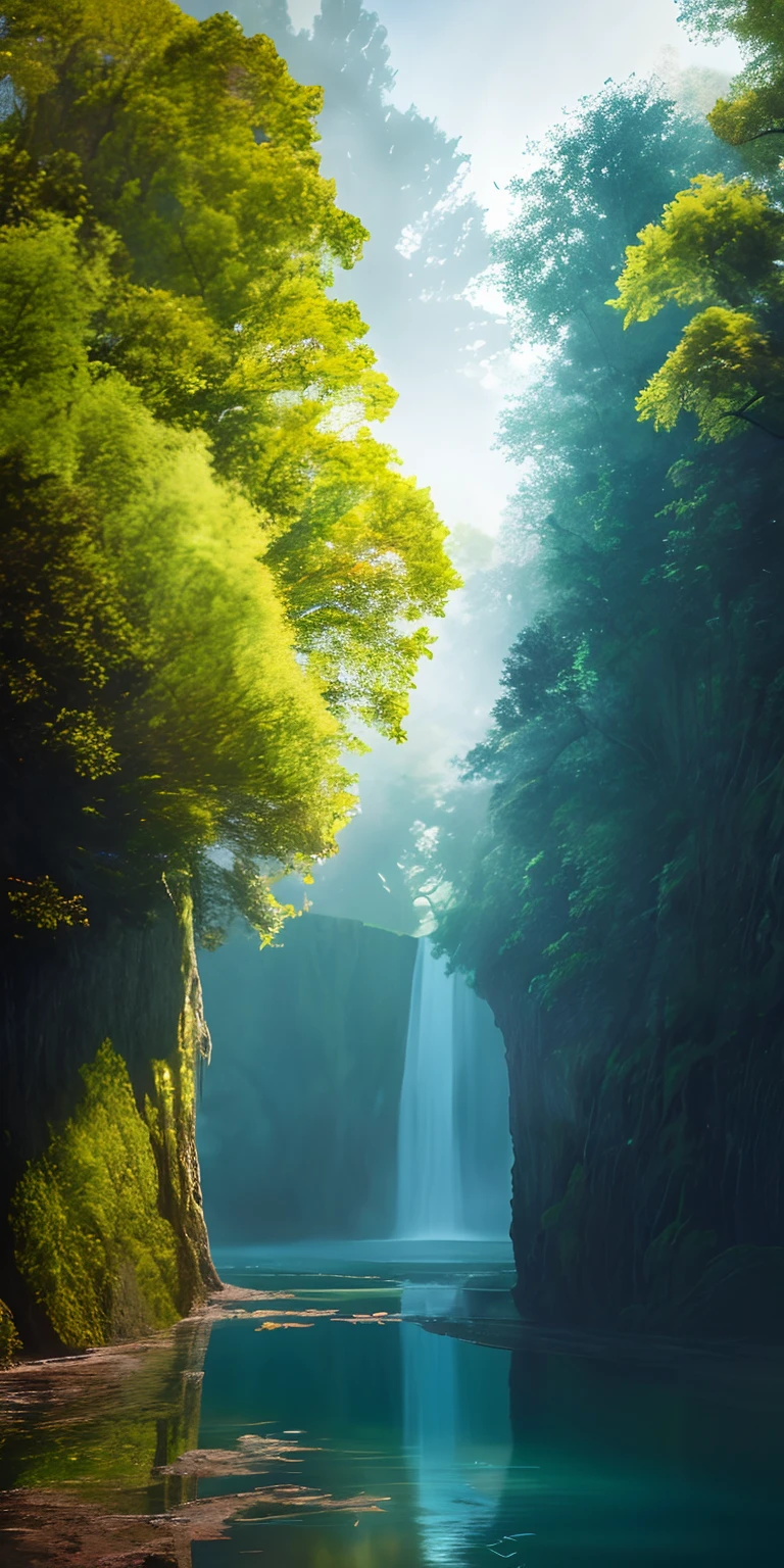 Analog style,ChromaV5,nvinkpunk,(extremely detailed CG unity 8k wallpaper),An image of a majestic river, trees on the sides, tiny waterfall, intense fog ,award winning photography, Chromatic Aberration, Detailed , HDR, Bloom, style by Monet, Pissarro, and Sisley ,trending on ArtStation, trending on CGSociety, art by midjourney