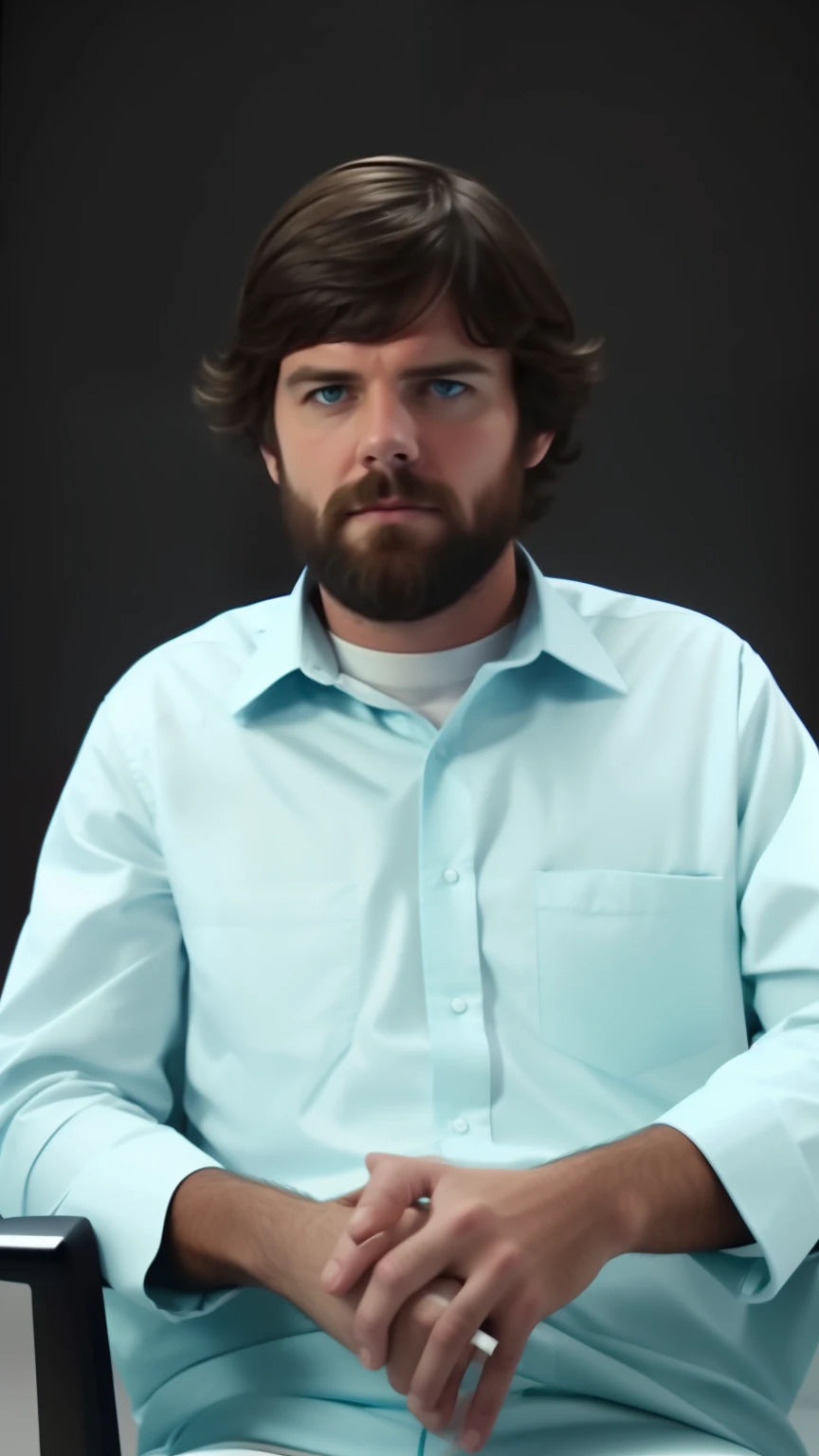 a white man facing and looking at the camera sitting in a chair. with a serious look. image has his face and his upper body