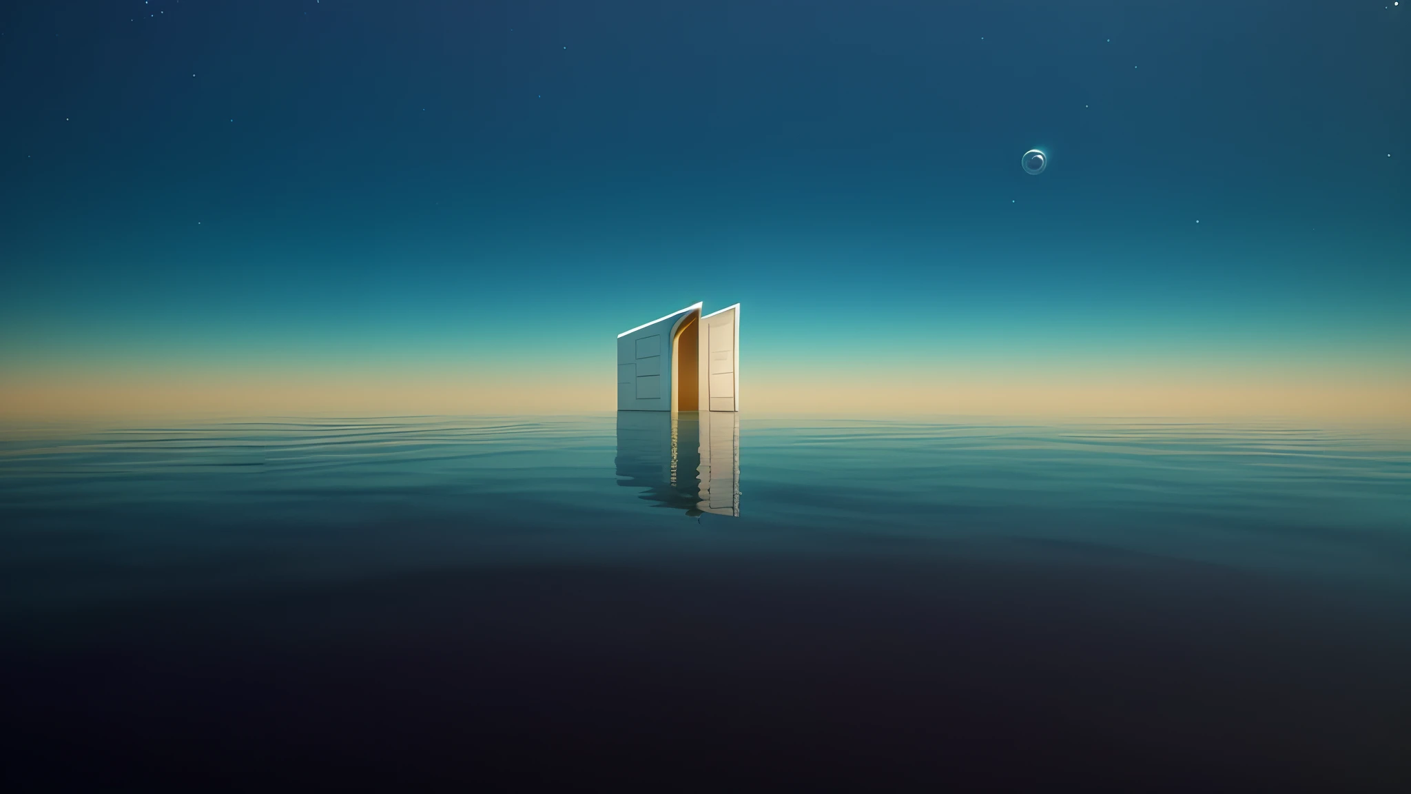In the middle of the ocean a door opens, a portal to the depths, portal to another world, gateway to another dimension, doors of perception, open portal to another dimension, doors that are cosmic portals, portal to alternative reality, gateway to another dimension, Surreal photo, gateway to another universe, surreal 3 d render, portal to the ethereal realm