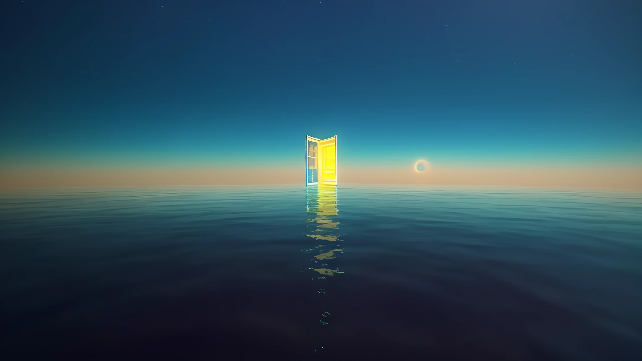 In the middle of the ocean a door opens, a portal to the depths, portal to another world, gateway to another dimension, doors of perception, open portal to another dimension, doors that are cosmic portals, portal to alternative reality, gateway to another dimension, Surreal photo, gateway to another universe, surreal 3 d render, portal to the ethereal realm