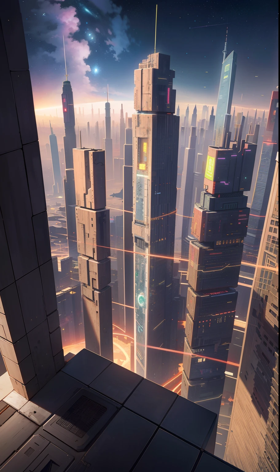 Cyberpunk suspended ancient Chinese city against the background of starry sky，Small spaceships flew by