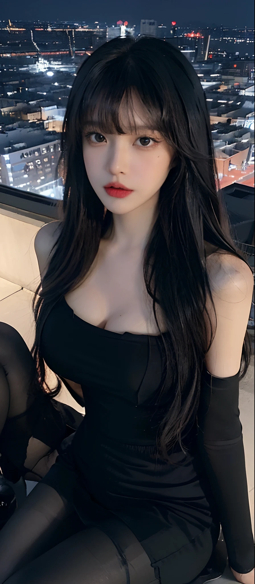 ((Midnight, Best quality, 8k, Masterpiece :1.3)), (close up, from below), Sharp focus, A pretty woman with perfect figure, ((black hair, bangs, Big breasts)), (mini dress, pantyhose, Sitting), ((Night city view, Rooftop)), Highly detailed face and skin texture, Detailed eyes, Double eyelid, cleavage