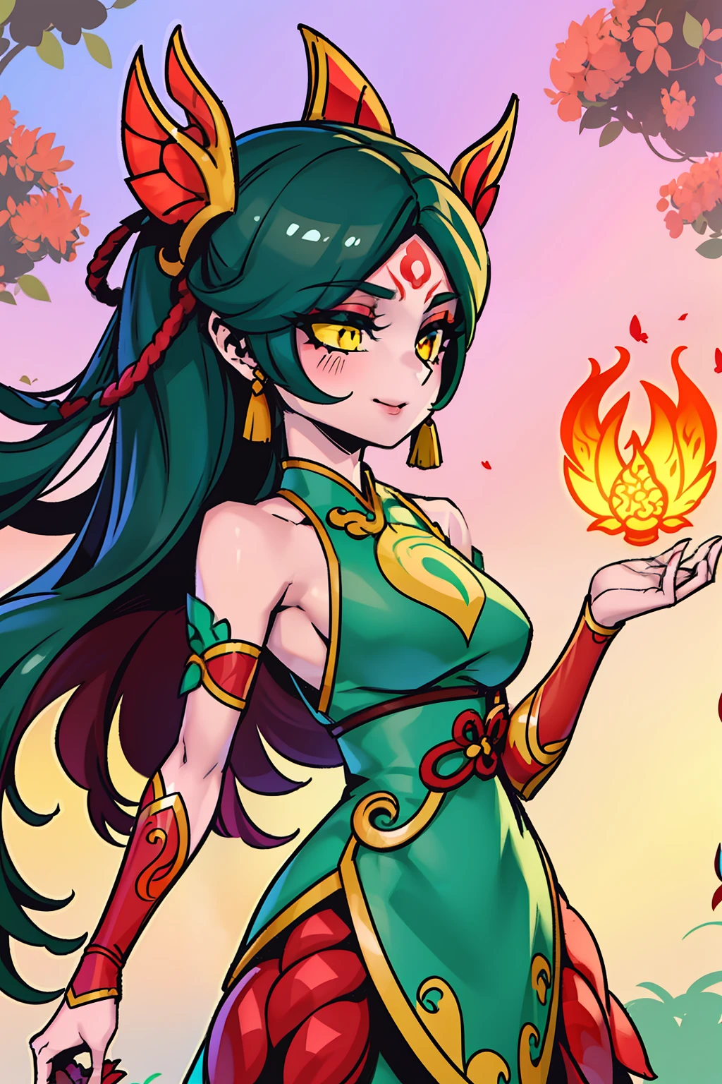 Draw a woman in a green dress with red and yellow butterflies, the butterfly goddess of fire, Onmyoji detailed art, inspired by Ju Lian, onmyoji, Anime fantasy illustration, inspired by Park Hua, inspired by Wu Li, by Yang J, Inspired by Lan Ying, inspired by Luo Mu, Inspired by Ai Xuan, inspired by Wu Bin