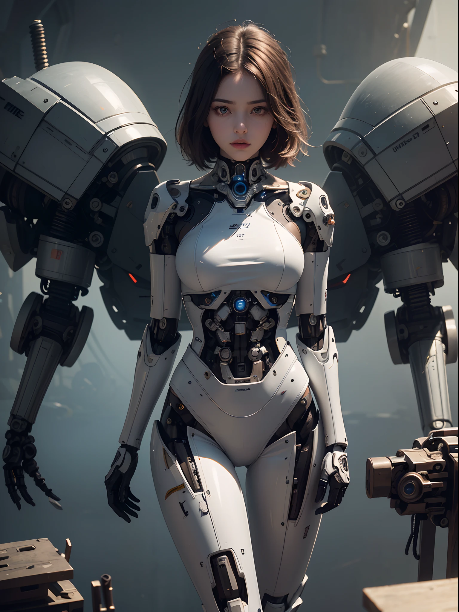 Unbeatable masterpiece, Ultra photo realsisim, Perfect artwork, Intricate details, Best quality, Strong light,High contrast, (Very detailed wallpaper) ,very detailed illustration , (1 girl) .Beautiful eyes , (Delicate face) , Perfect details , ((mechanicalparts)) .Mechanical spine , mechanized ,future , Wide hips , Laboratory ,((Mecha)) , (best illuminate) , (super complex detail)