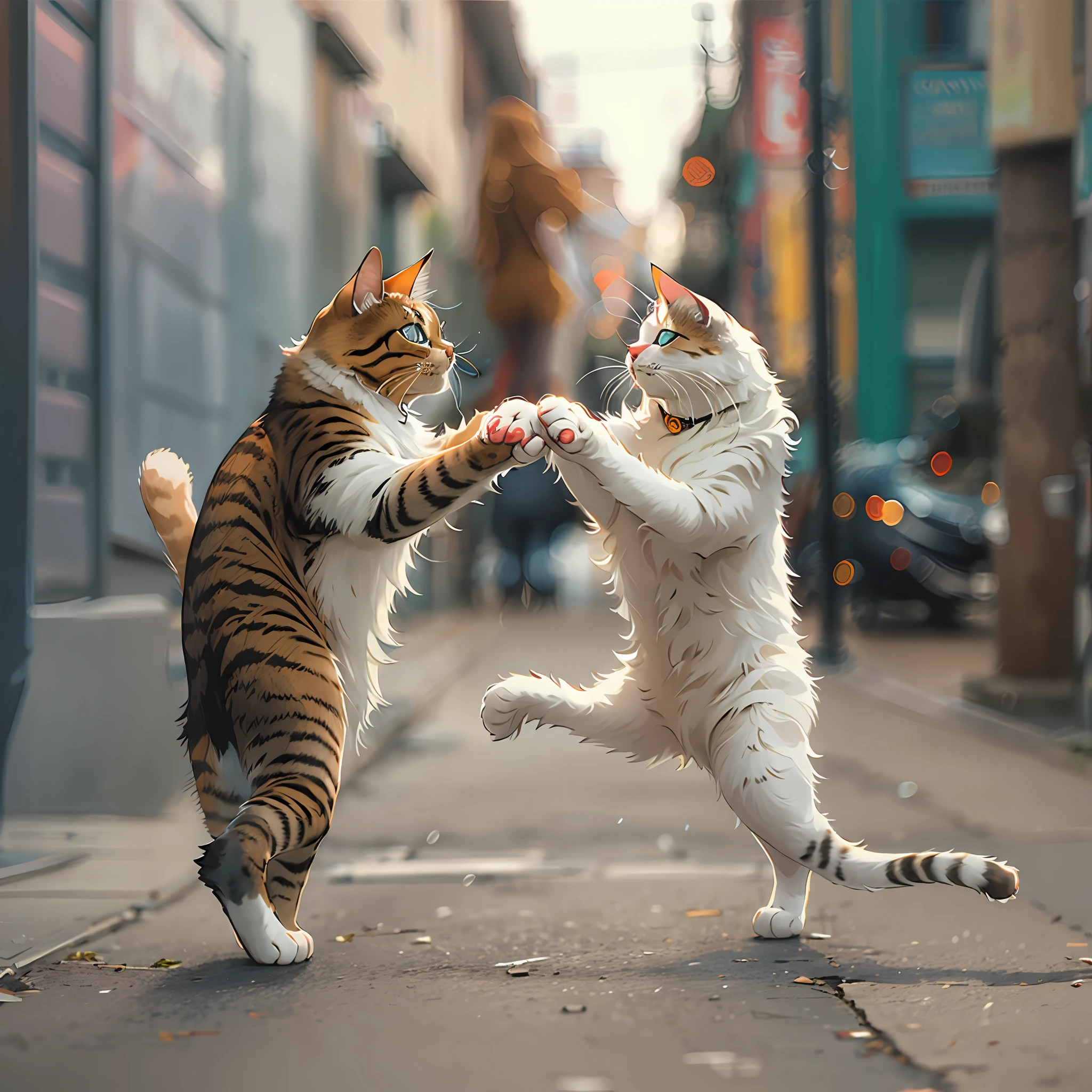 Two dancing cats holding hands on the street