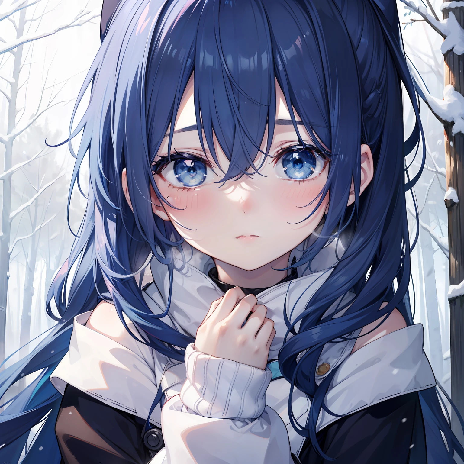 1girl, ), (close up), (cute:1.2), closed mouth, swet lips, (rosy cheeks), (shy), (pale skin), (dark blue eyes), (blue hair), (long hair), (long strands), (cold:1.4), (young pine forest), (snow),