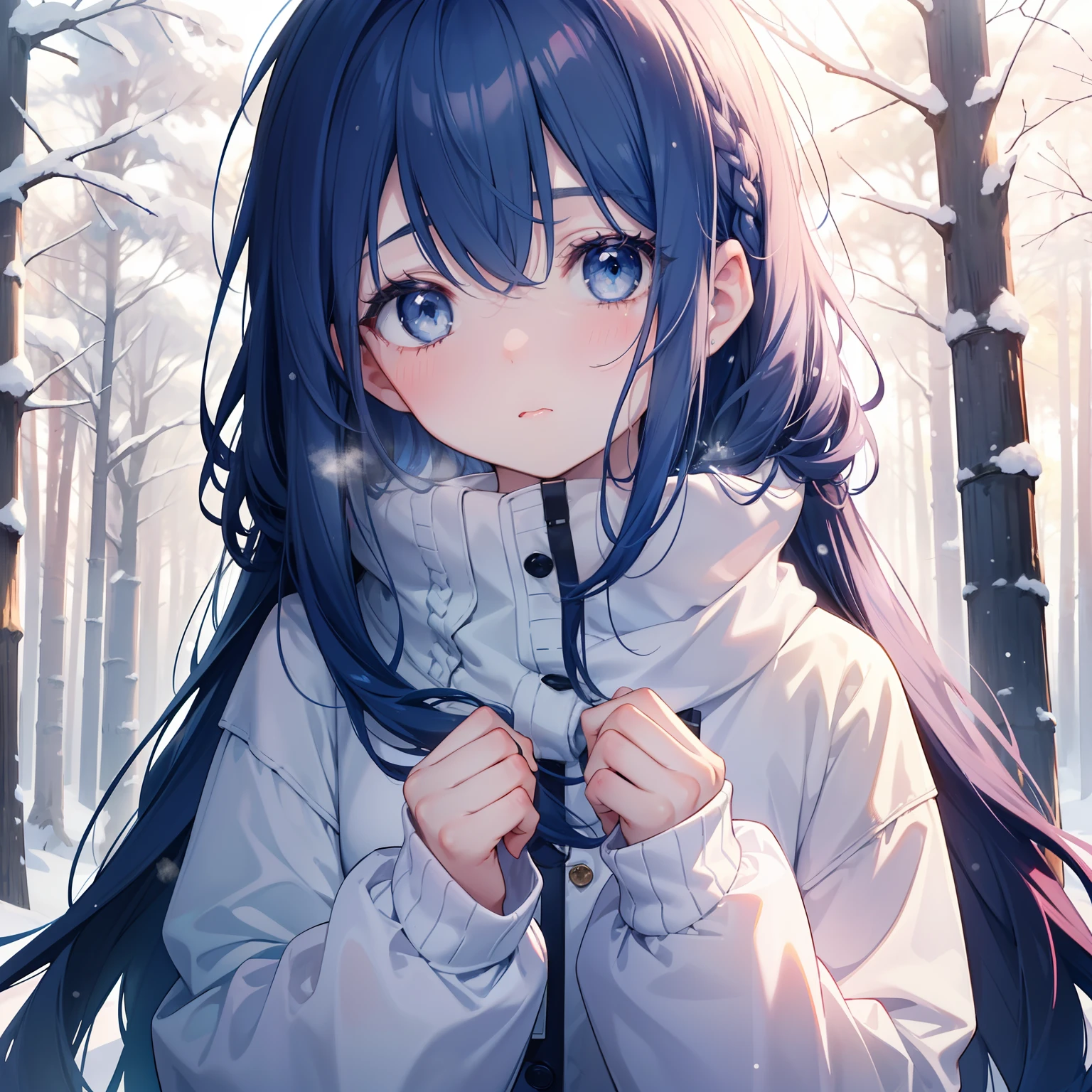 1girl, ), (close up), (cute:1.2), closed mouth, swet lips, (rosy cheeks), (shy), (pale skin), (dark blue eyes), (blue hair), (long hair), (long strands), (cold:1.4), (young pine forest), (snow),