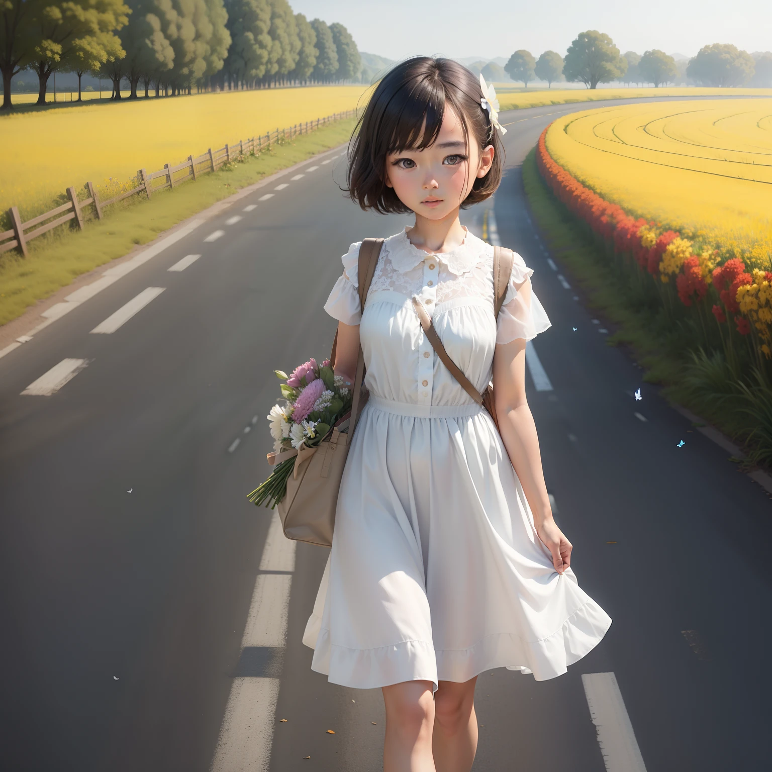 Girl in white dress,Carrying a school bag,Short hair walks through the country road, and various flowers open on the side of the road, butterflies flying