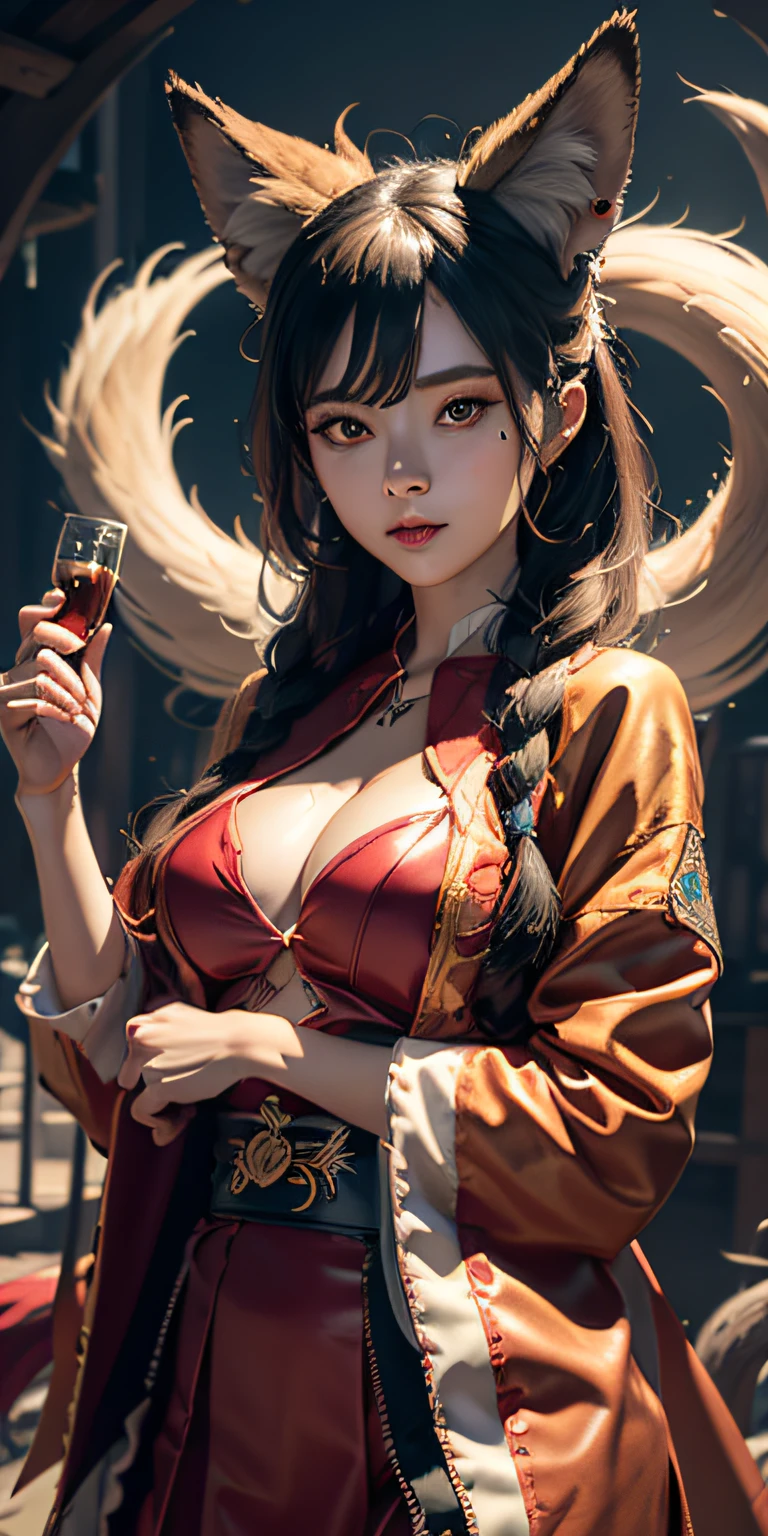 1girl,solo, official art, unity 8k wallpaper, ultra detailed, beautiful and aesthetic, beautiful, masterpiece, best quality, Kitsune witch, fox mask, haori jacket, foxfire spell, fox familiar, transformation,depth of field,
