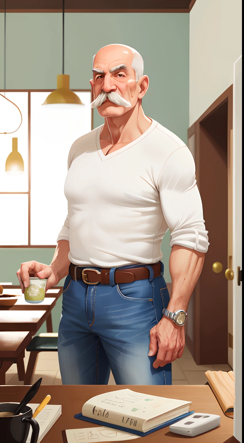 Homem de 60 anos com bigode . careca. careca. calvo e bem magro e branco . corpo franzino. wearing jeans and white shirt. Meia branca e sapato preto. various poses, mesmo personagem, feliz, feliz, qualidade perfeita, foco claro (mess-house: 0.8), (obra-prima: 1.2) (realista: 1.2) (bokeh) (melhor qualidade) (pele detalhada: 1.3) (detalhes intrincados) (8K) (olhos de detalhe) (foco nítido), (feliz)